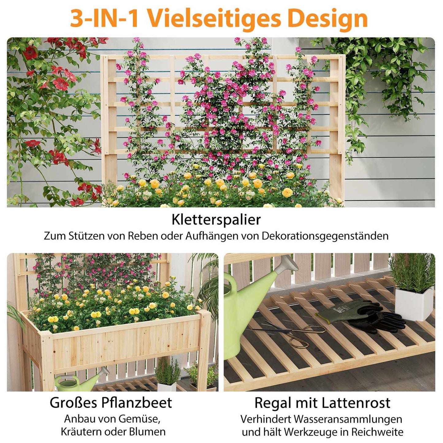 Raised Garden Bed with Trellis and Drainage, 116x59x150 cm