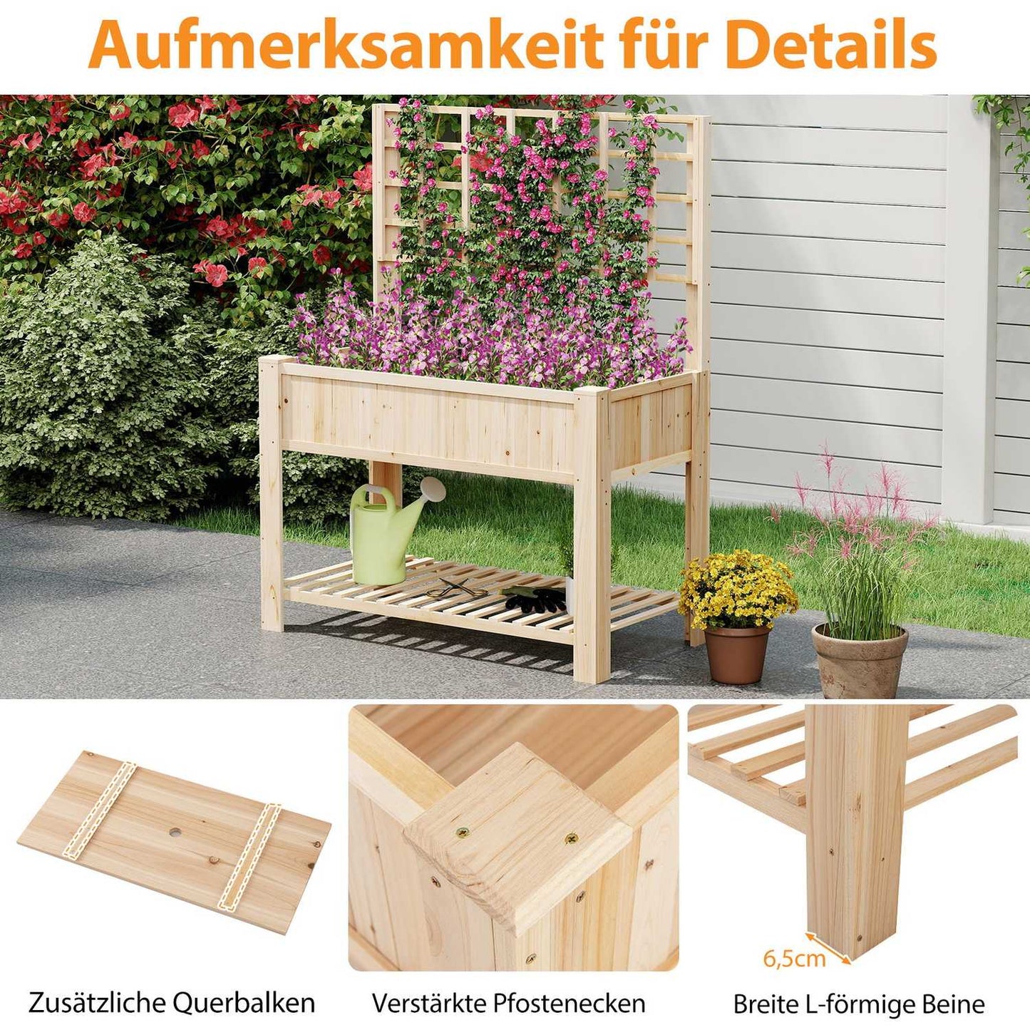 Raised Garden Bed with Trellis and Drainage, 116x59x150 cm