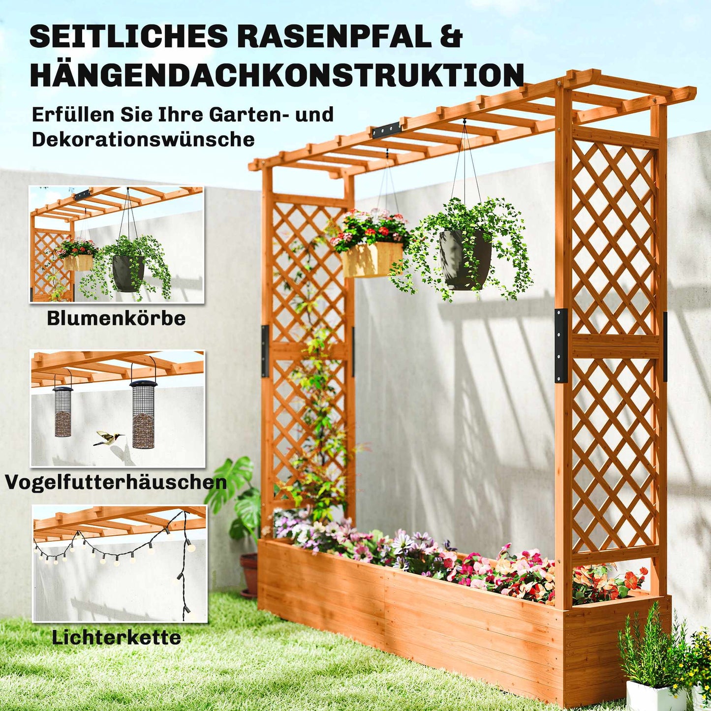 Raised Garden Bed with Trellis and Roof, 196x44x181 cm, Wood