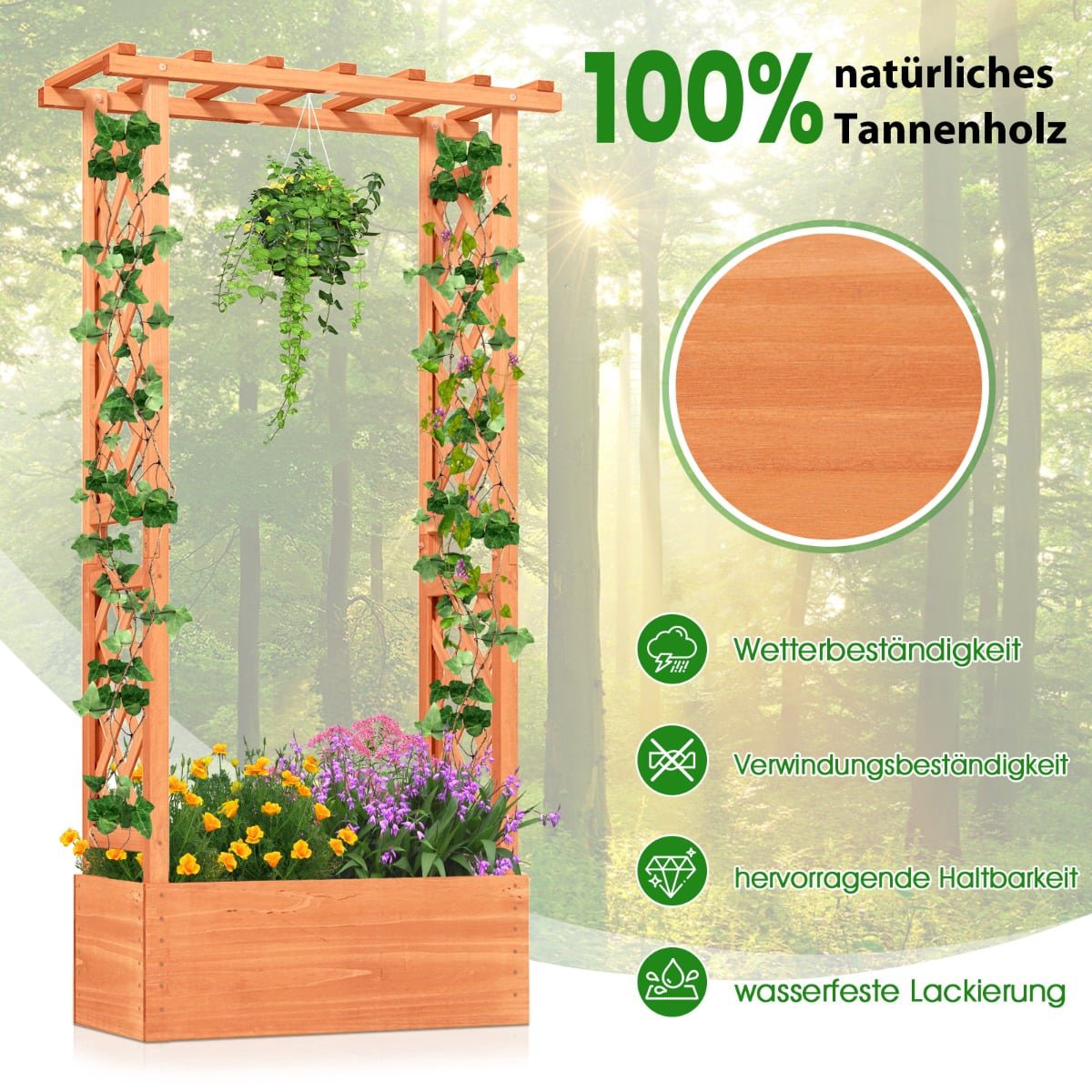 Raised Planter Box with Trellis & Hanging Roof, Wood