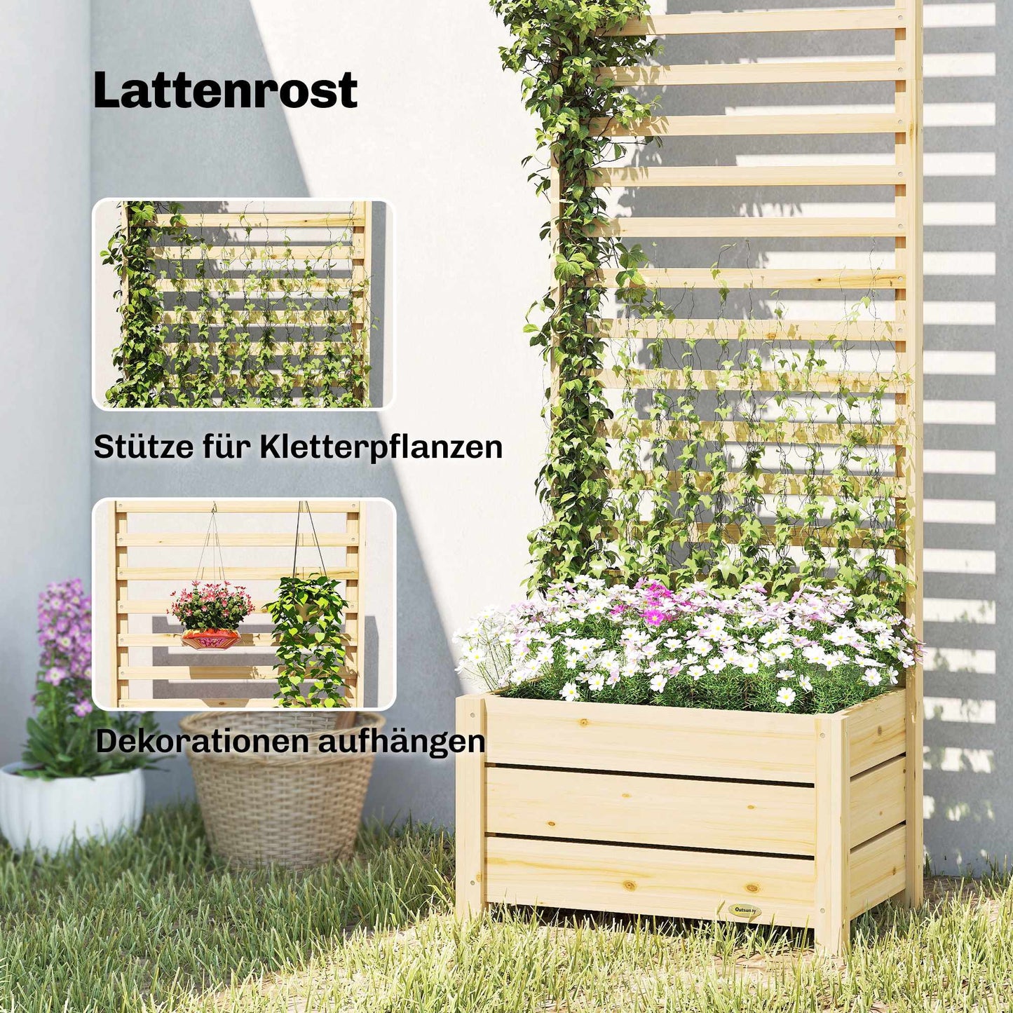 Raised Planter with Trellis, Wood, 60x39x200 cm, Drainage