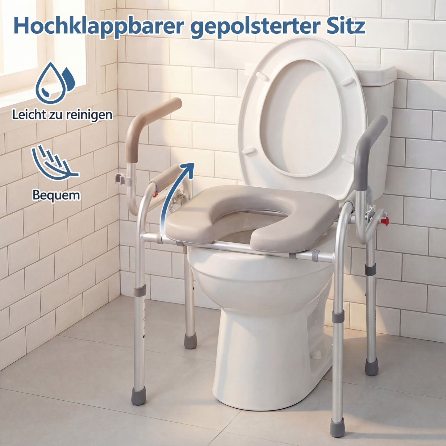 Raised Toilet Seat with Foldable Handles, Adjustable Height