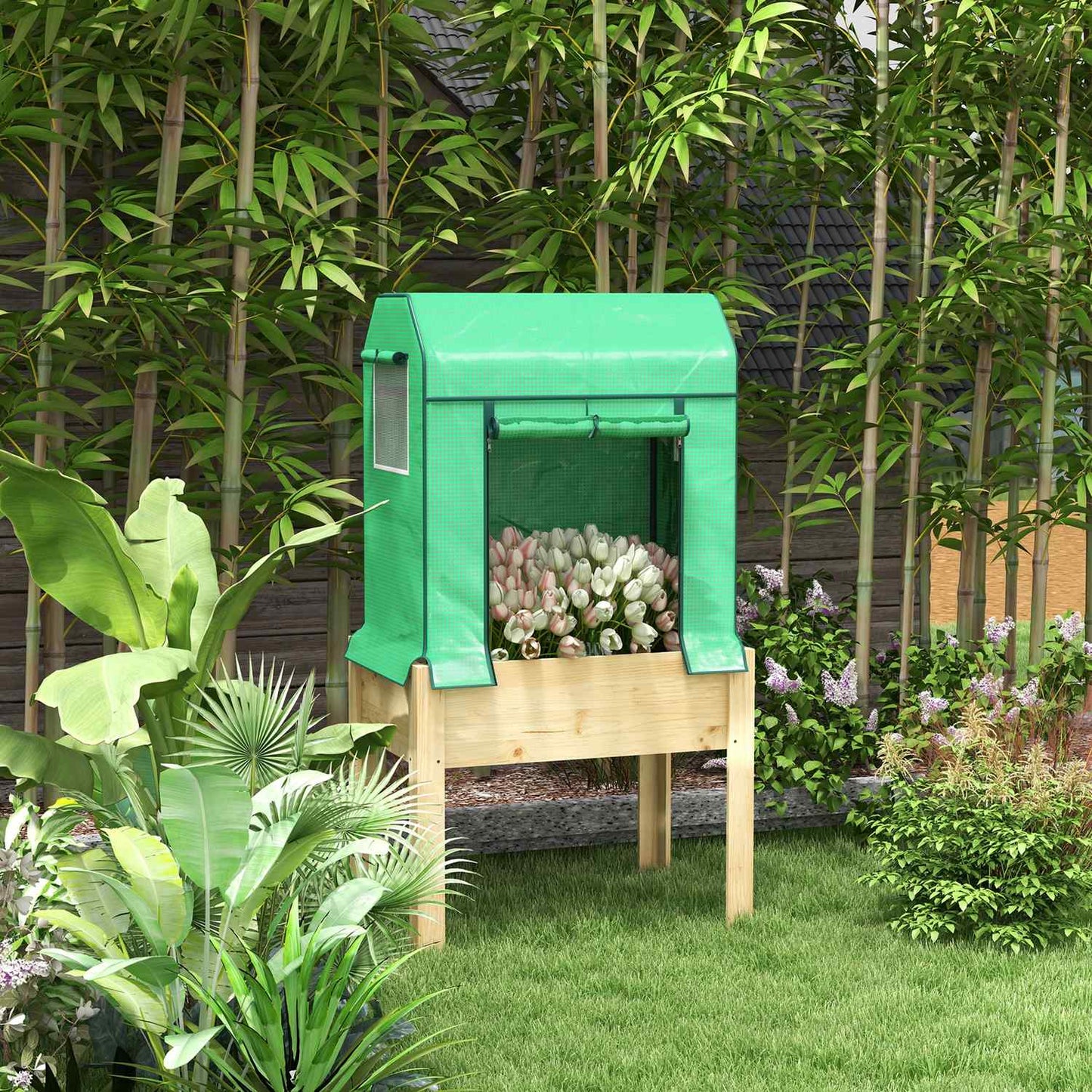 Raised wooden garden bed with cold frame, 86x60x165 cm