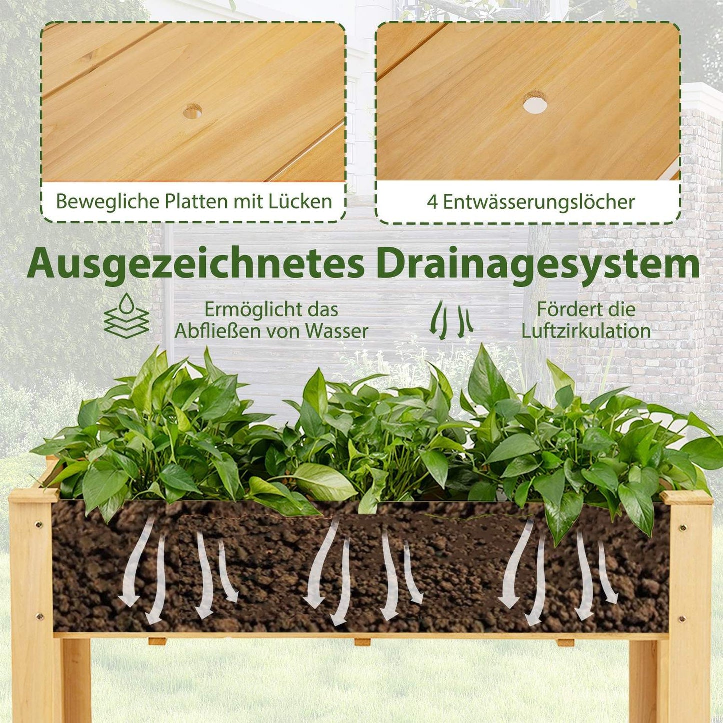 Raised Wooden Garden Bed with Drainage, 120x60x82 cm