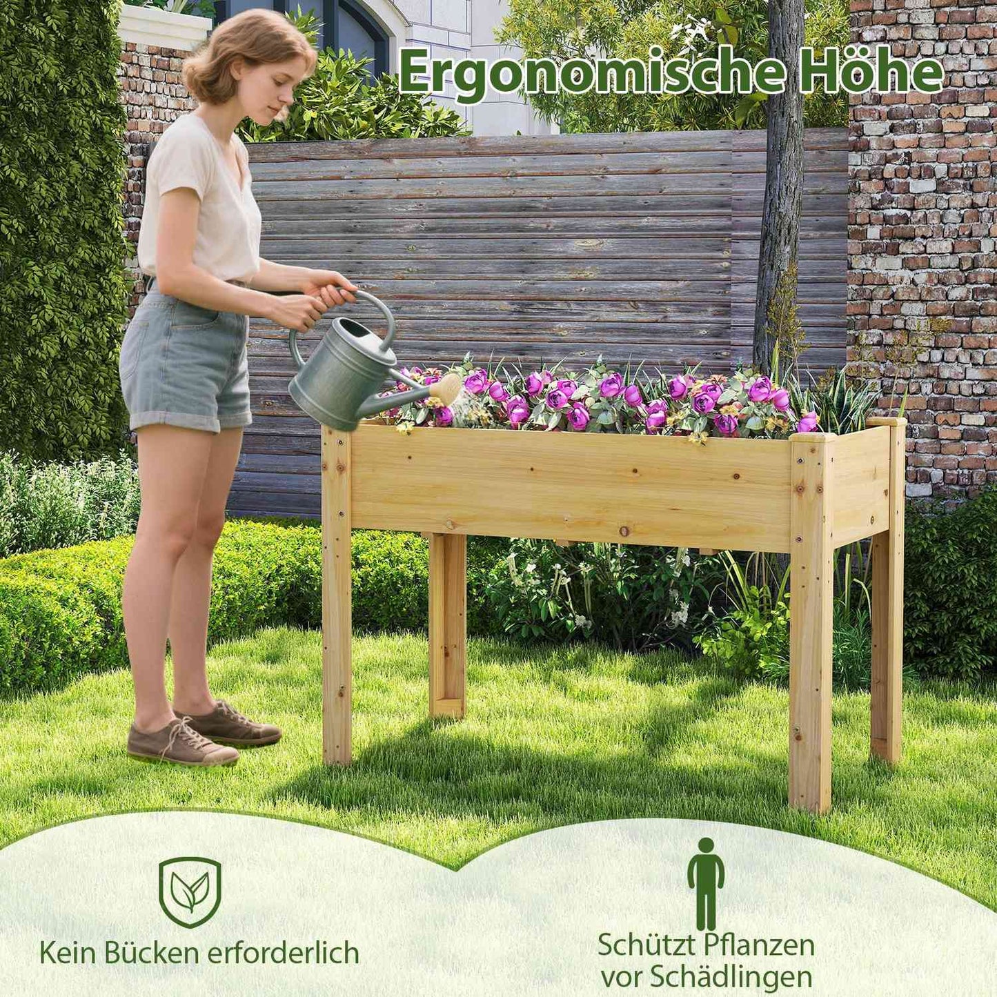 Raised Wooden Garden Bed with Drainage, 120x60x82 cm