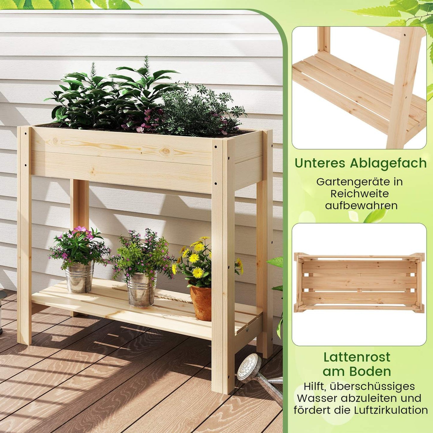 Raised Wooden Garden Bed with Shelf, 81 x 37 x 77 cm