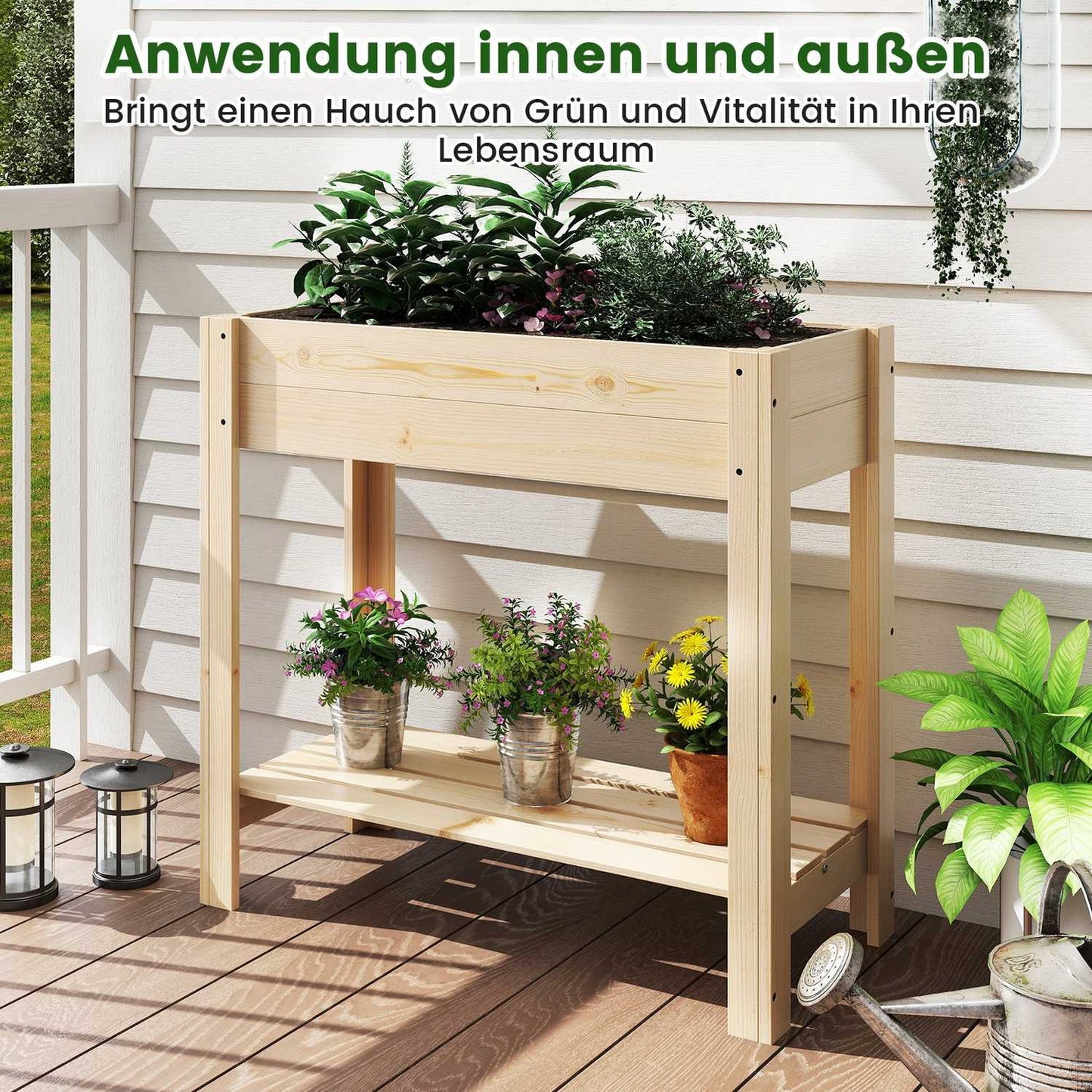 Raised Wooden Garden Bed with Shelf, 81 x 37 x 77 cm