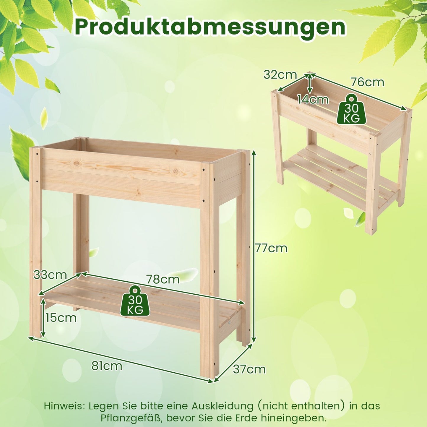 Raised Wooden Garden Bed with Shelf, 81 x 37 x 77 cm