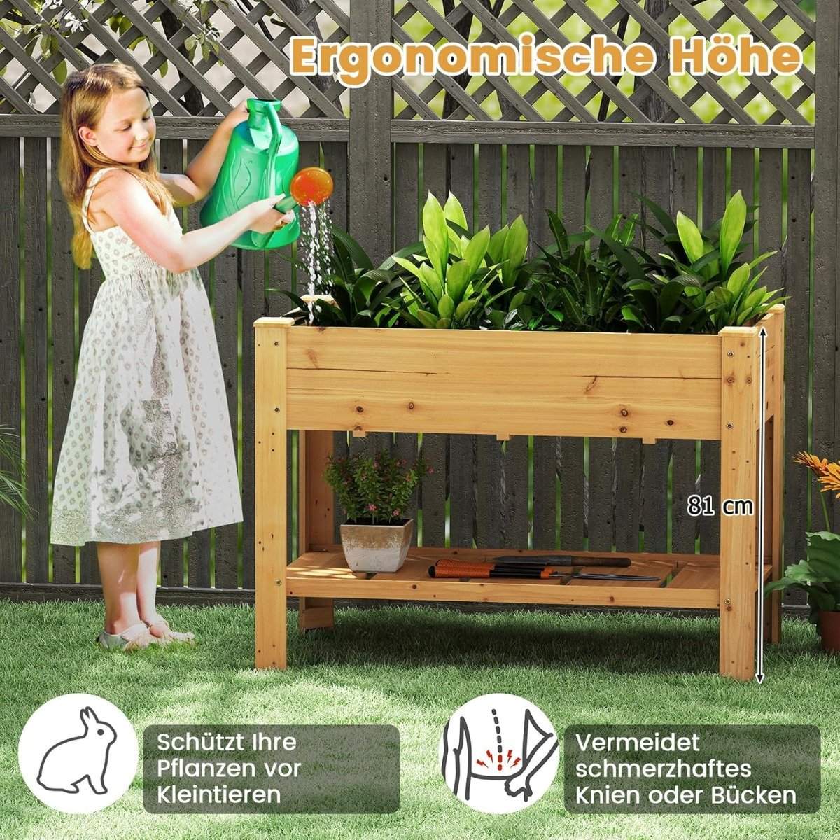 Raised Wooden Garden Bed with Shelf & Drainage Holes, 120x60x81 cm