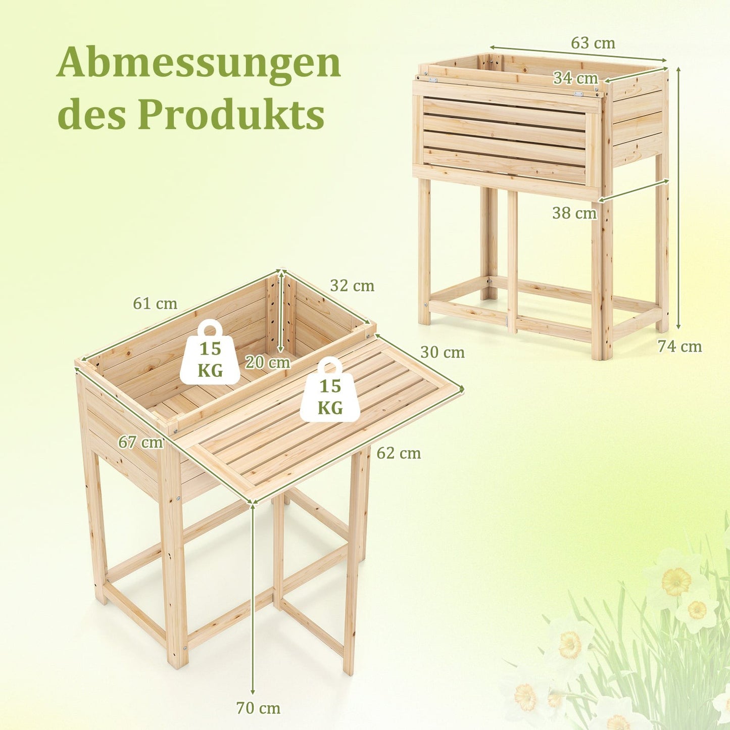 Raised Wooden Planter with Folding Table, Drainage, 63x67x74 cm