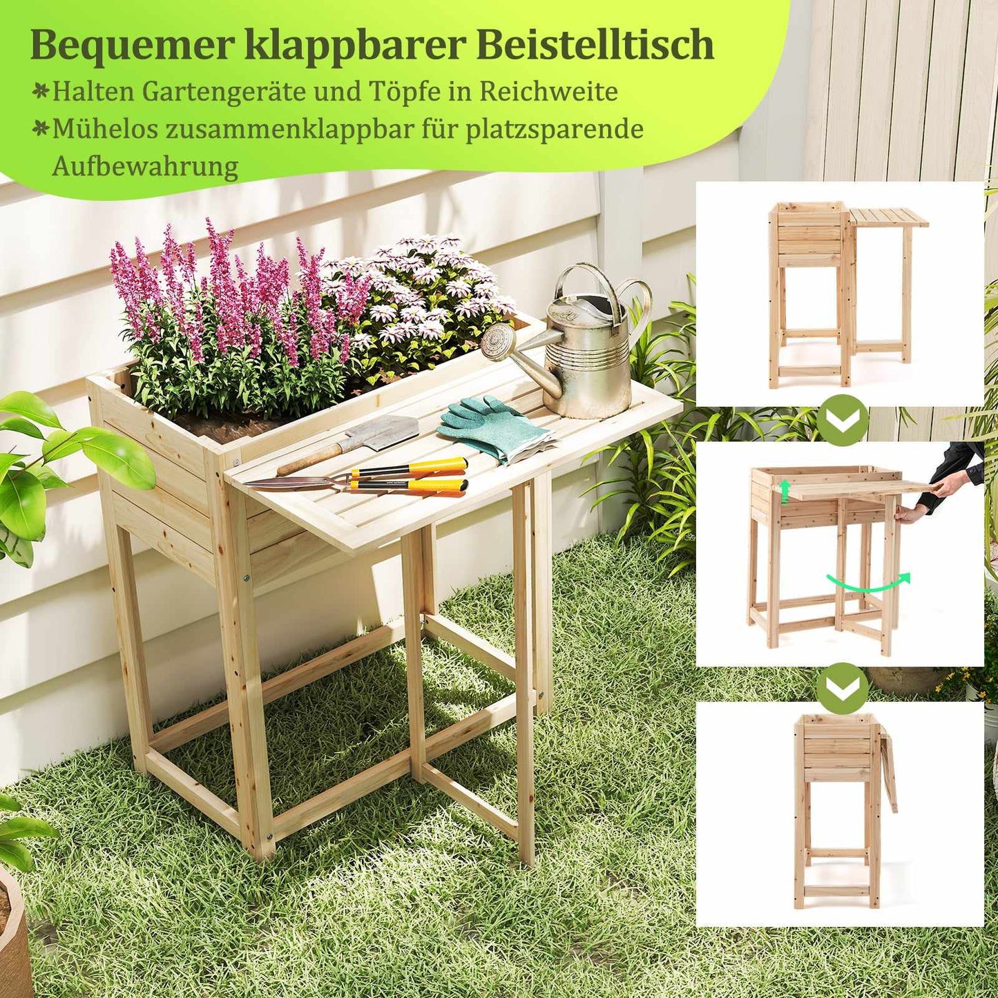 Raised Wooden Planter with Folding Table, Drainage, 63x67x74 cm