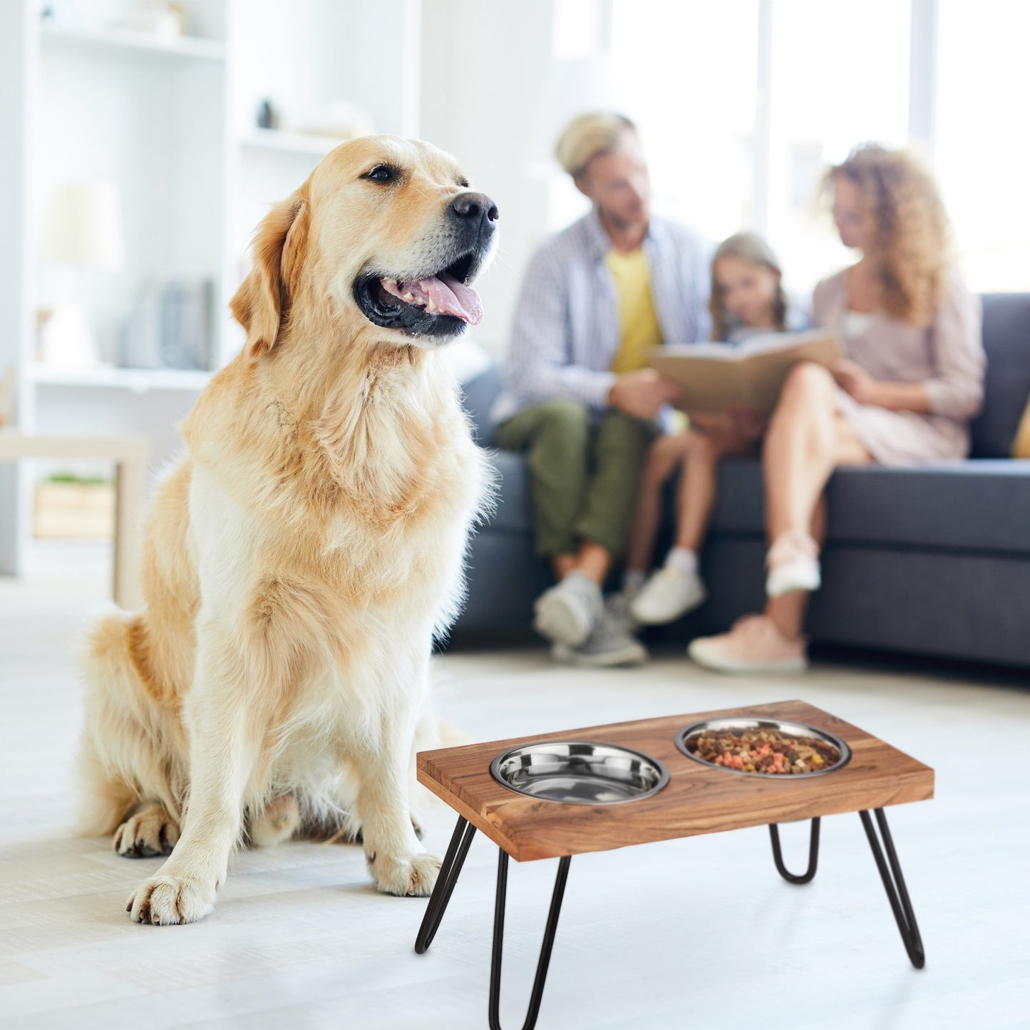 Raised XL dog bowl made from acacia wood
