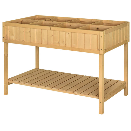 Raised bed 8 compartments planting table flower box fir wood 1 shelf + drain