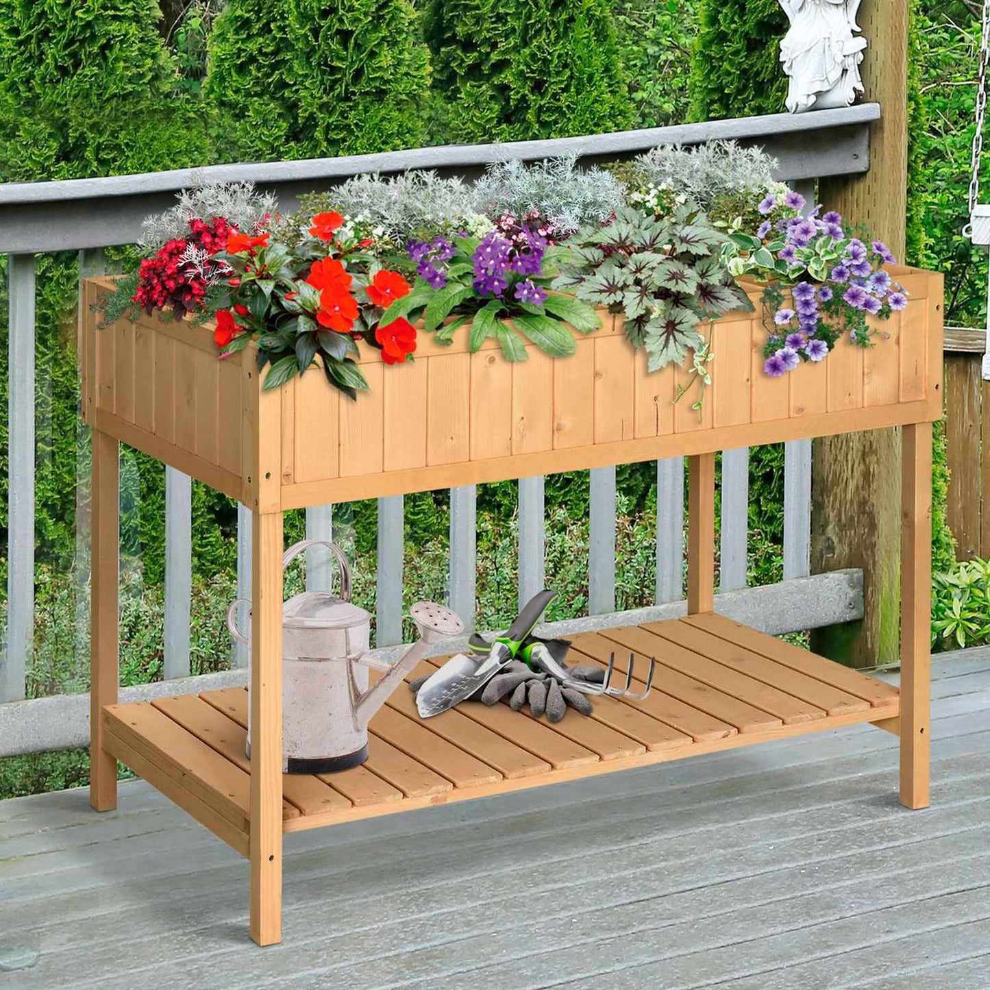 Raised bed 8 compartments planting table flower box fir wood 1 shelf + drain