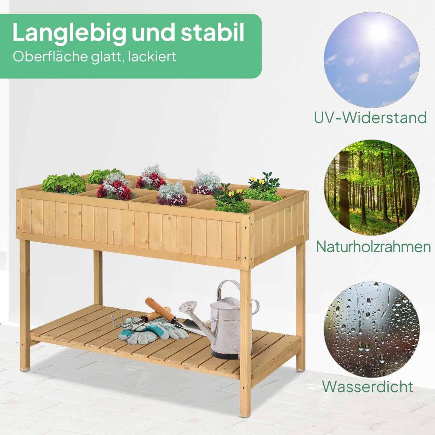 Raised bed 8 compartments planting table flower box fir wood 1 shelf + drain