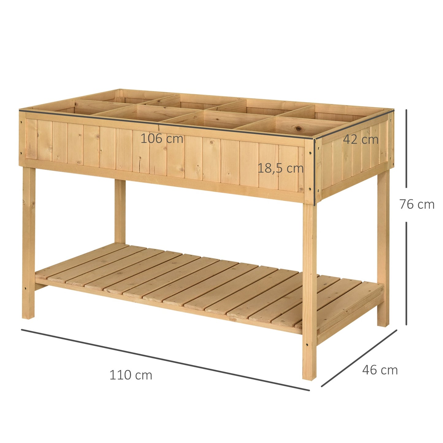 Raised bed 8 compartments planting table flower box fir wood 1 shelf + drain