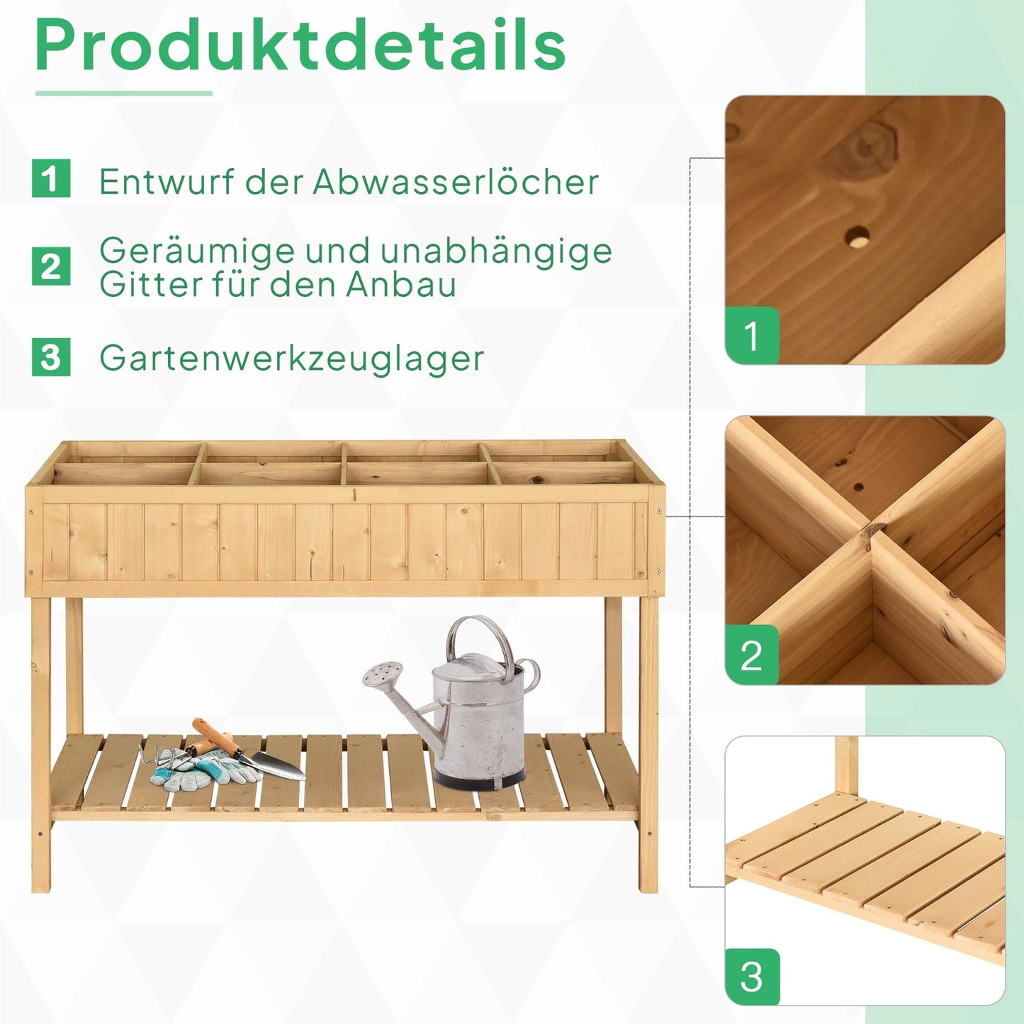 Raised bed 8 compartments planting table flower box fir wood 1 shelf + drain