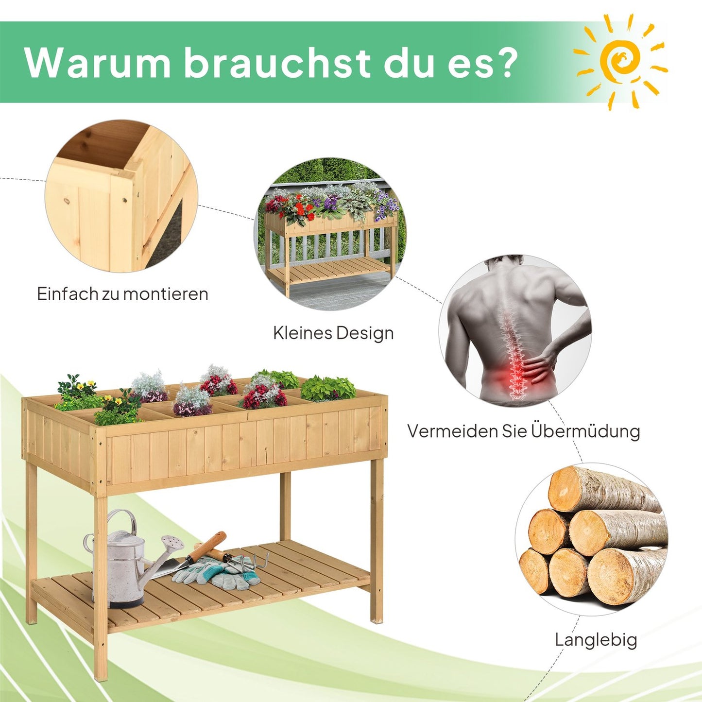 Raised bed 8 compartments planting table flower box fir wood 1 shelf + drain