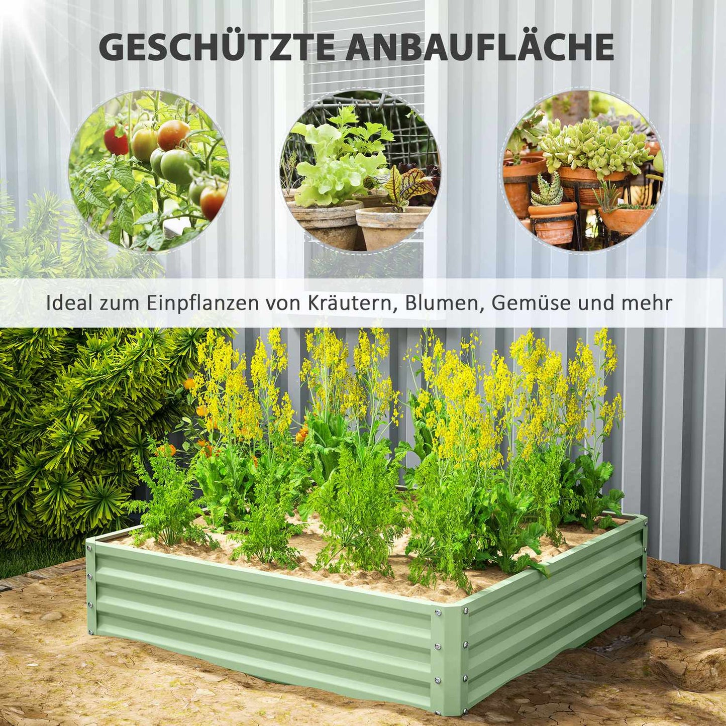 Steel garden bed - 120x120x30 cm, green planting