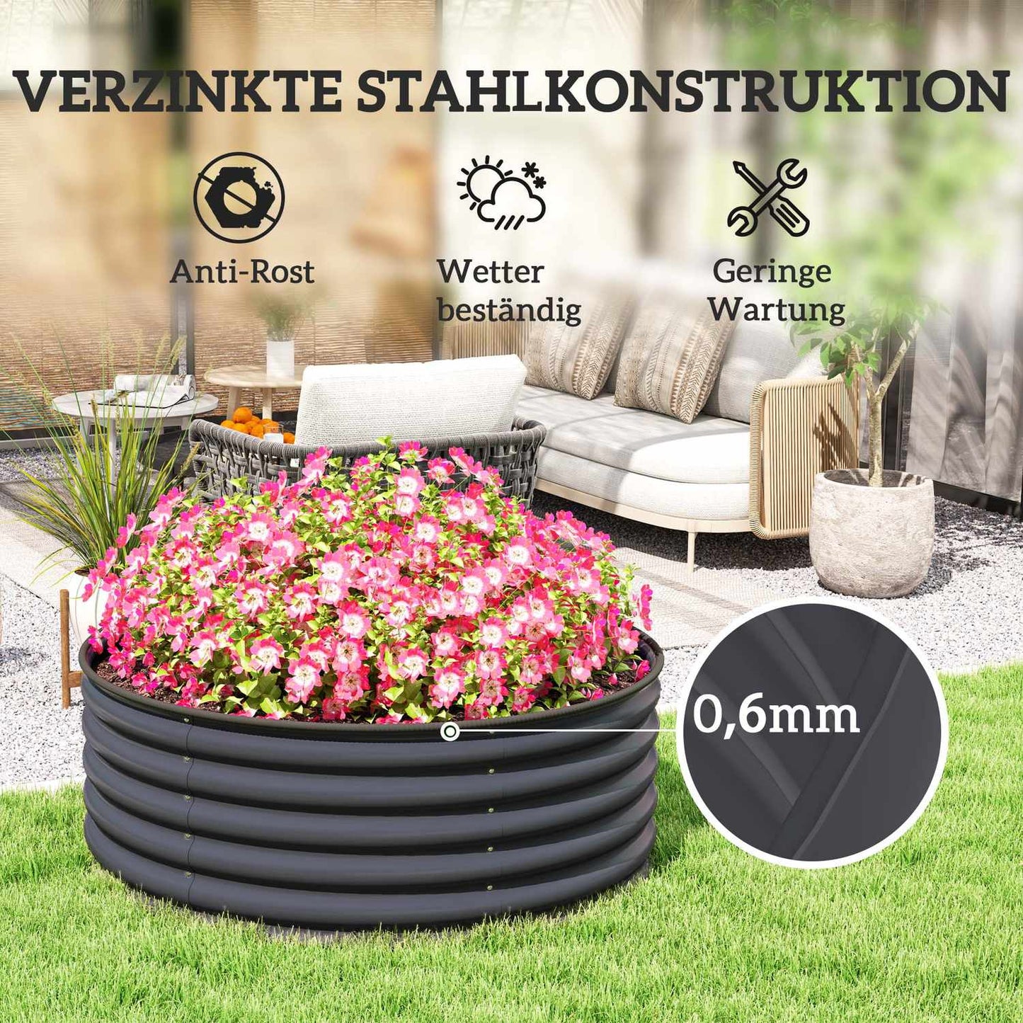 Garden bed in steel, Stackable flower box, 120x120x43 cm