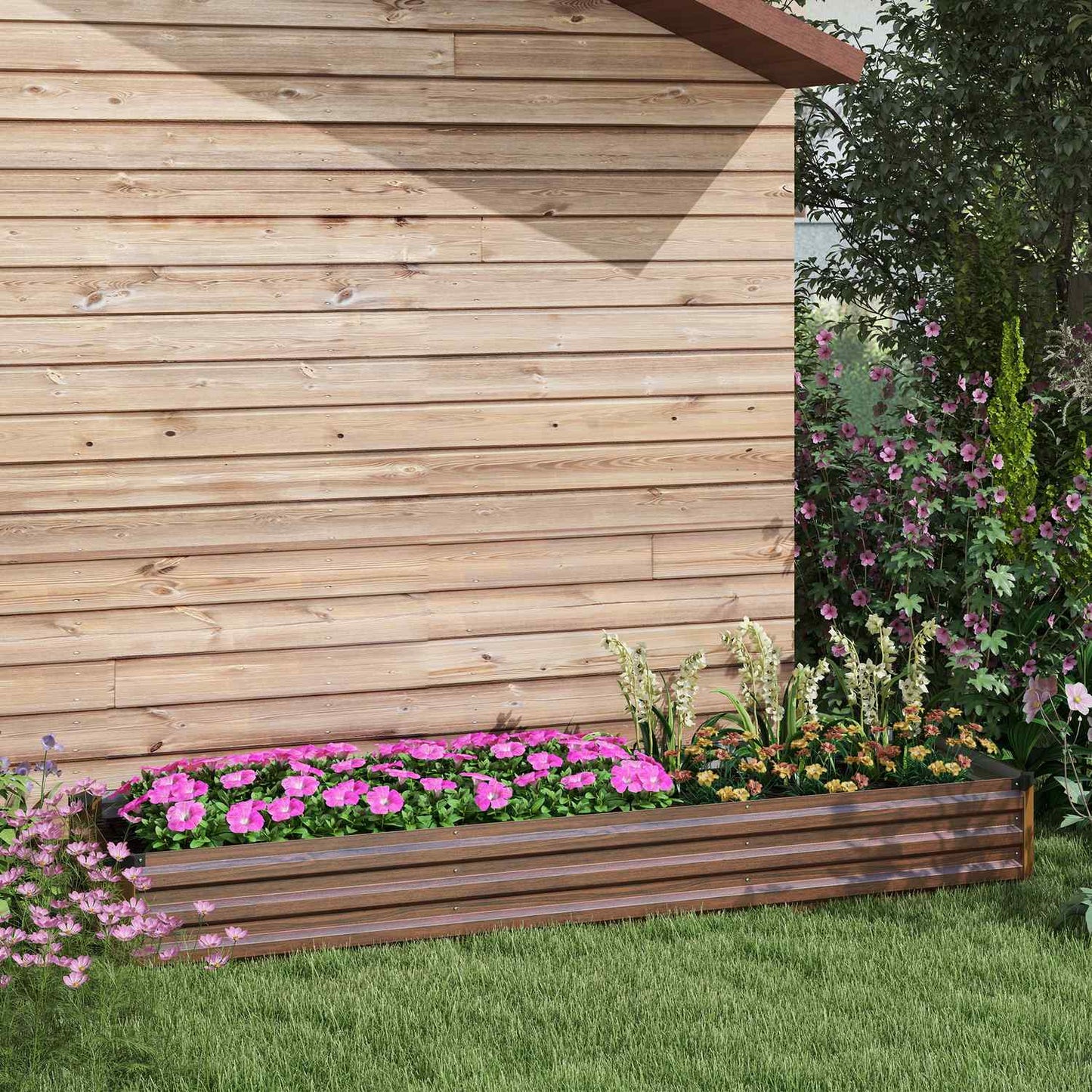 Garden bed in steel, wood look - dark brown