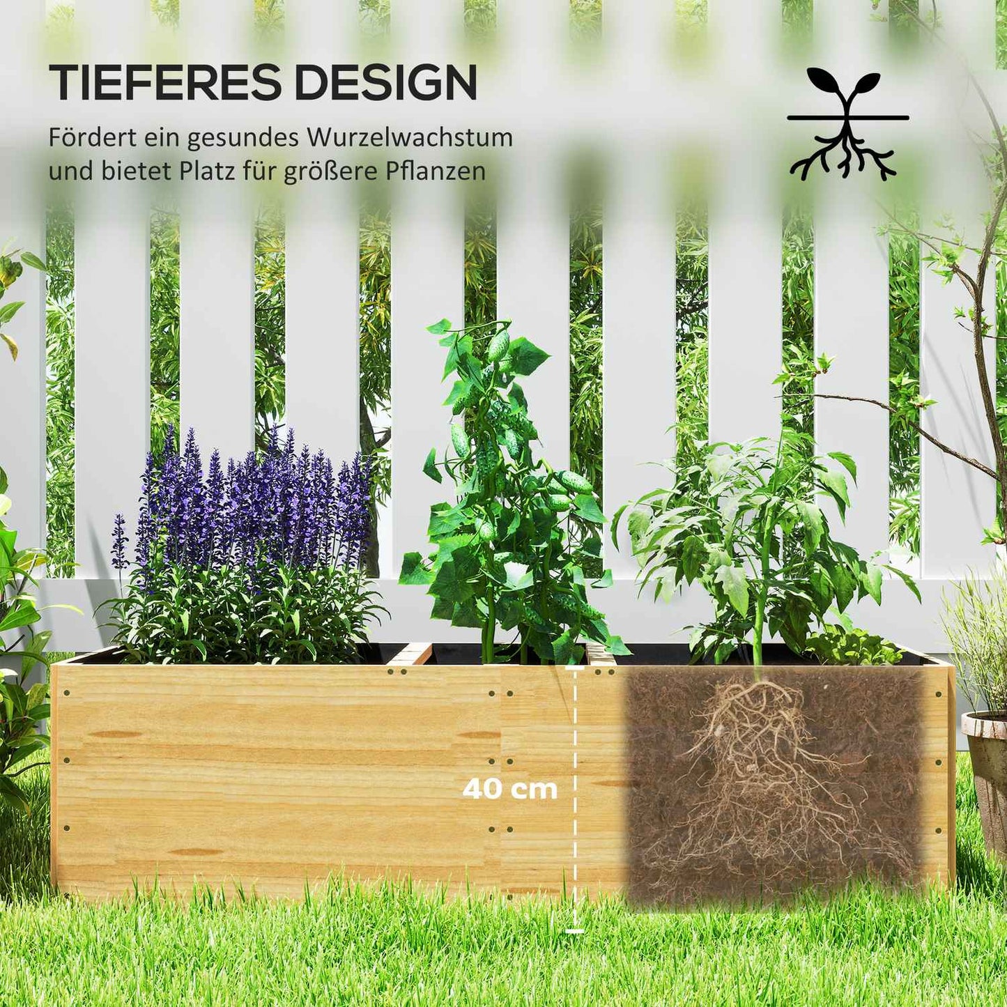 Garden bed with 3 planting zones, 140x60x40cm