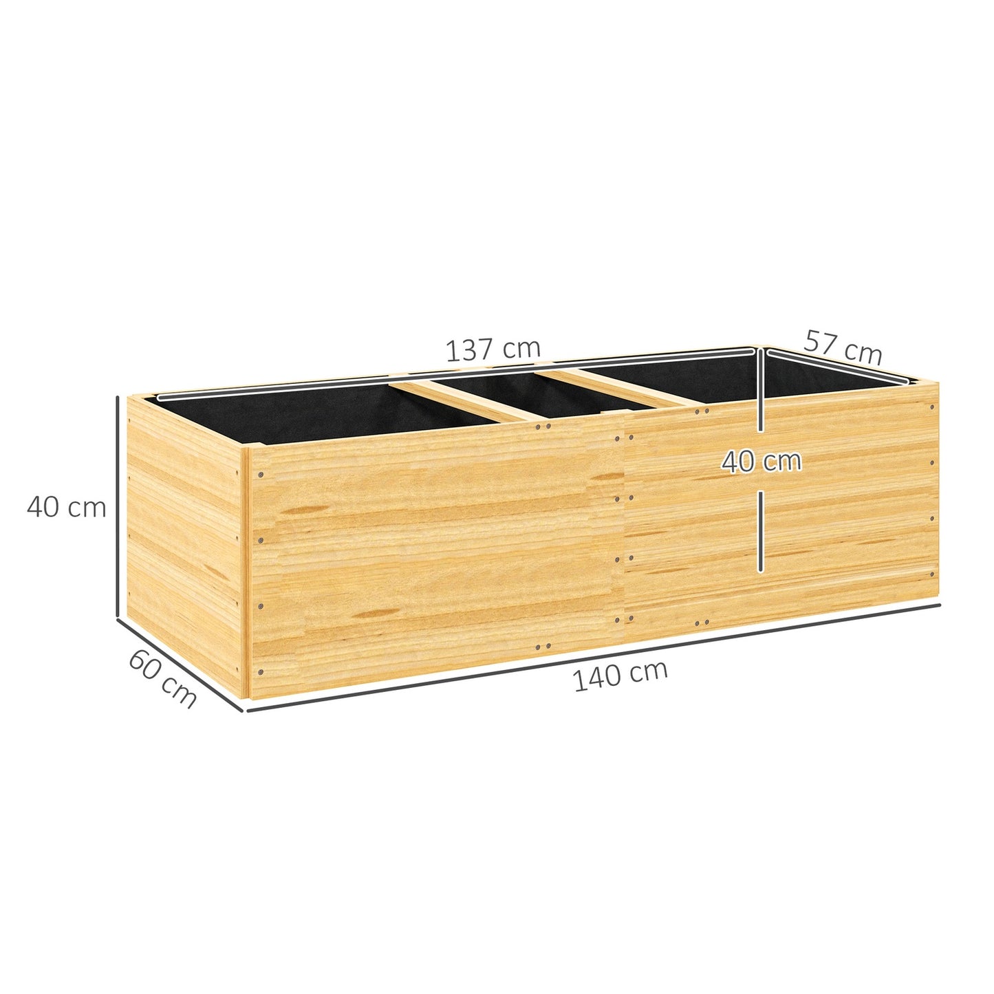 Garden bed with 3 planting zones, 140x60x40cm
