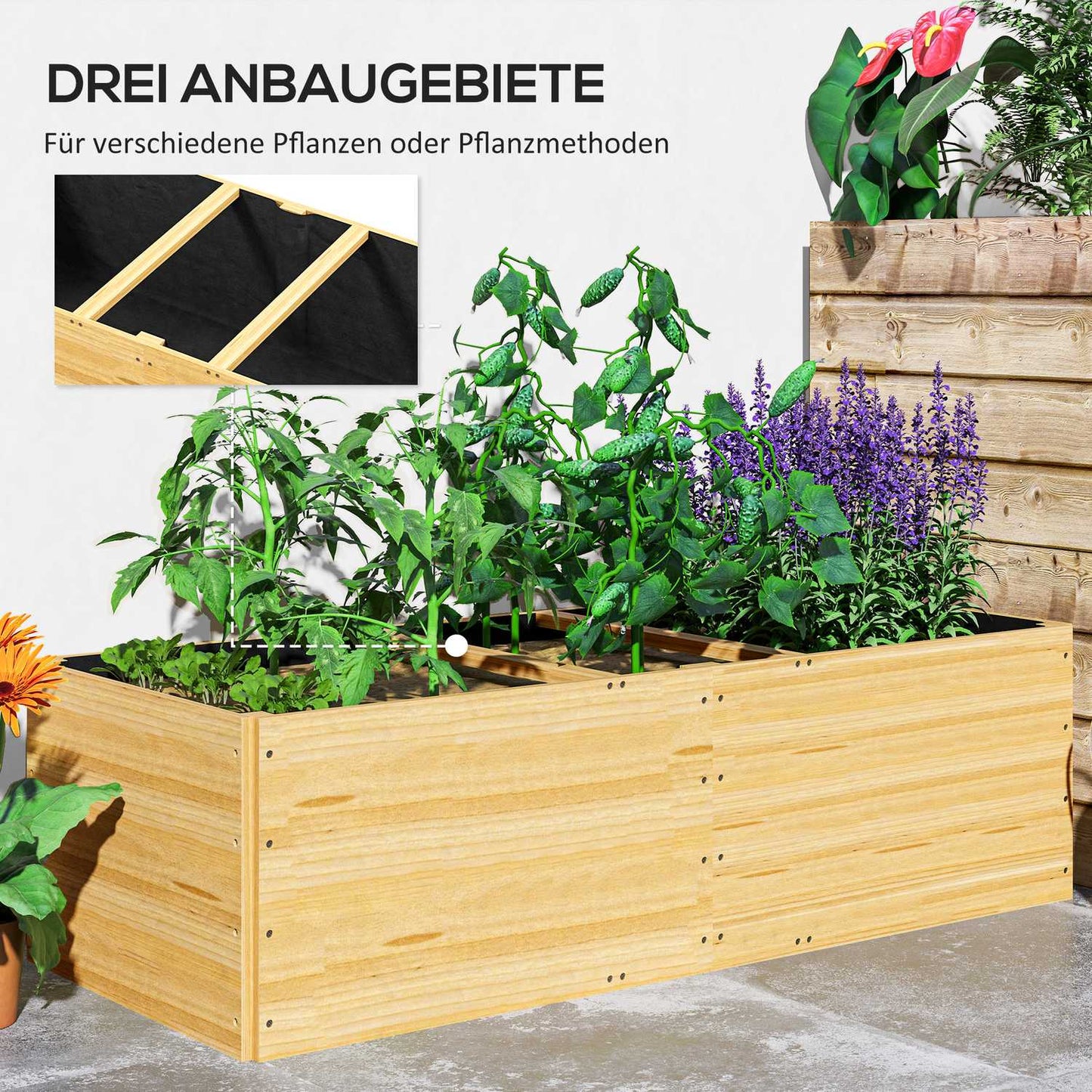 Garden bed with 3 planting zones, 140x60x40cm