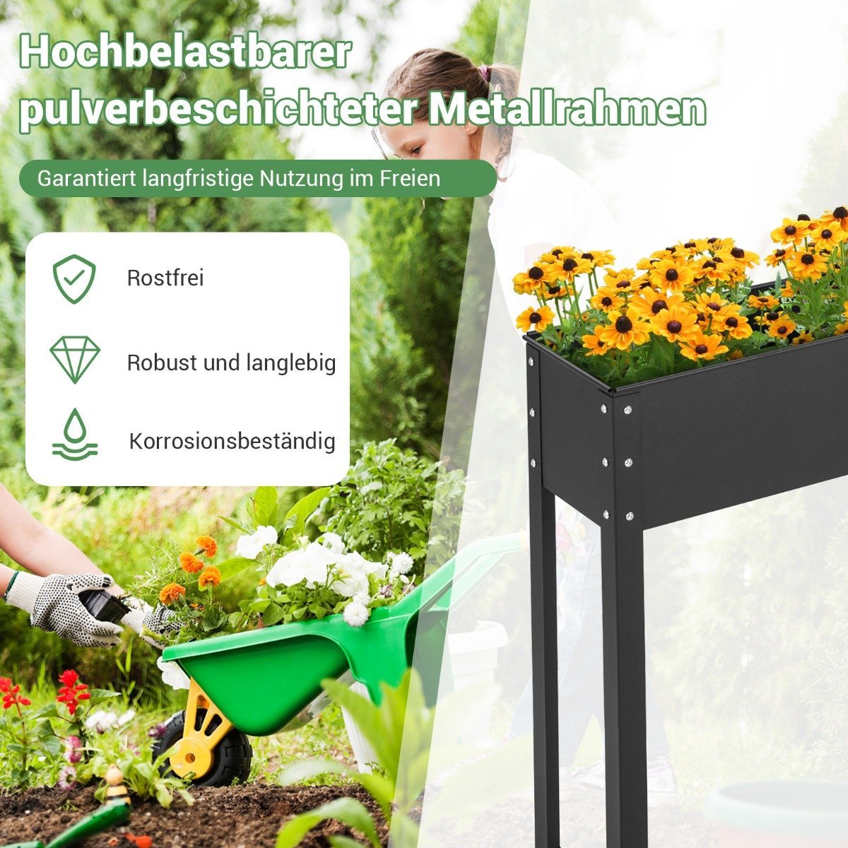 Raised bed metal planter box garden flower bed with drainage hole 102 x 26.5 x 80 cm black