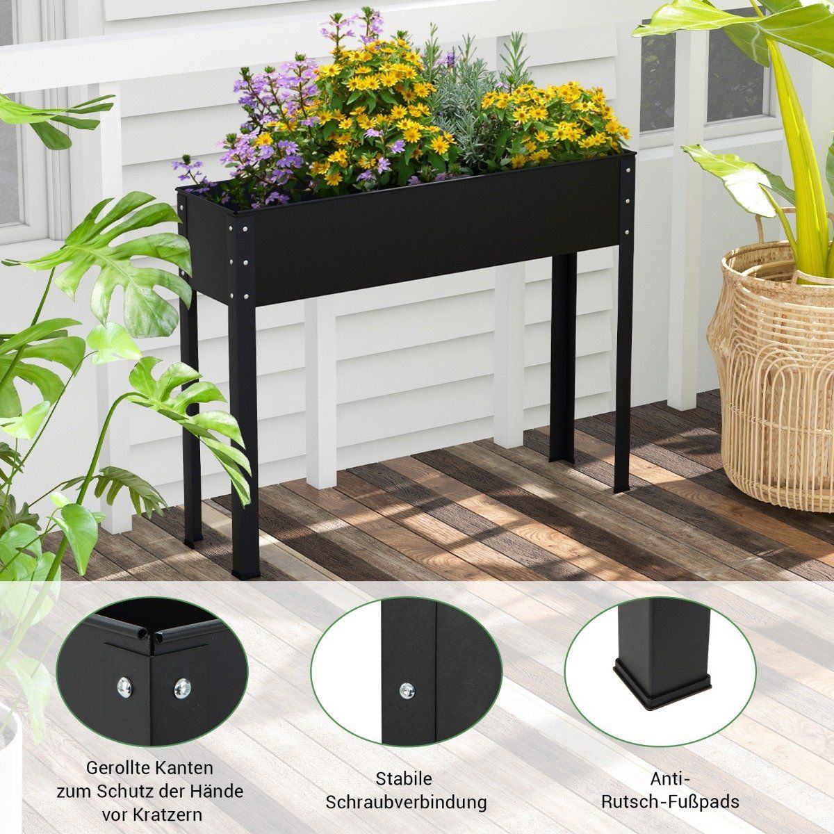 Raised bed metal planter box garden flower bed with drainage hole 102 x 26.5 x 80 cm black