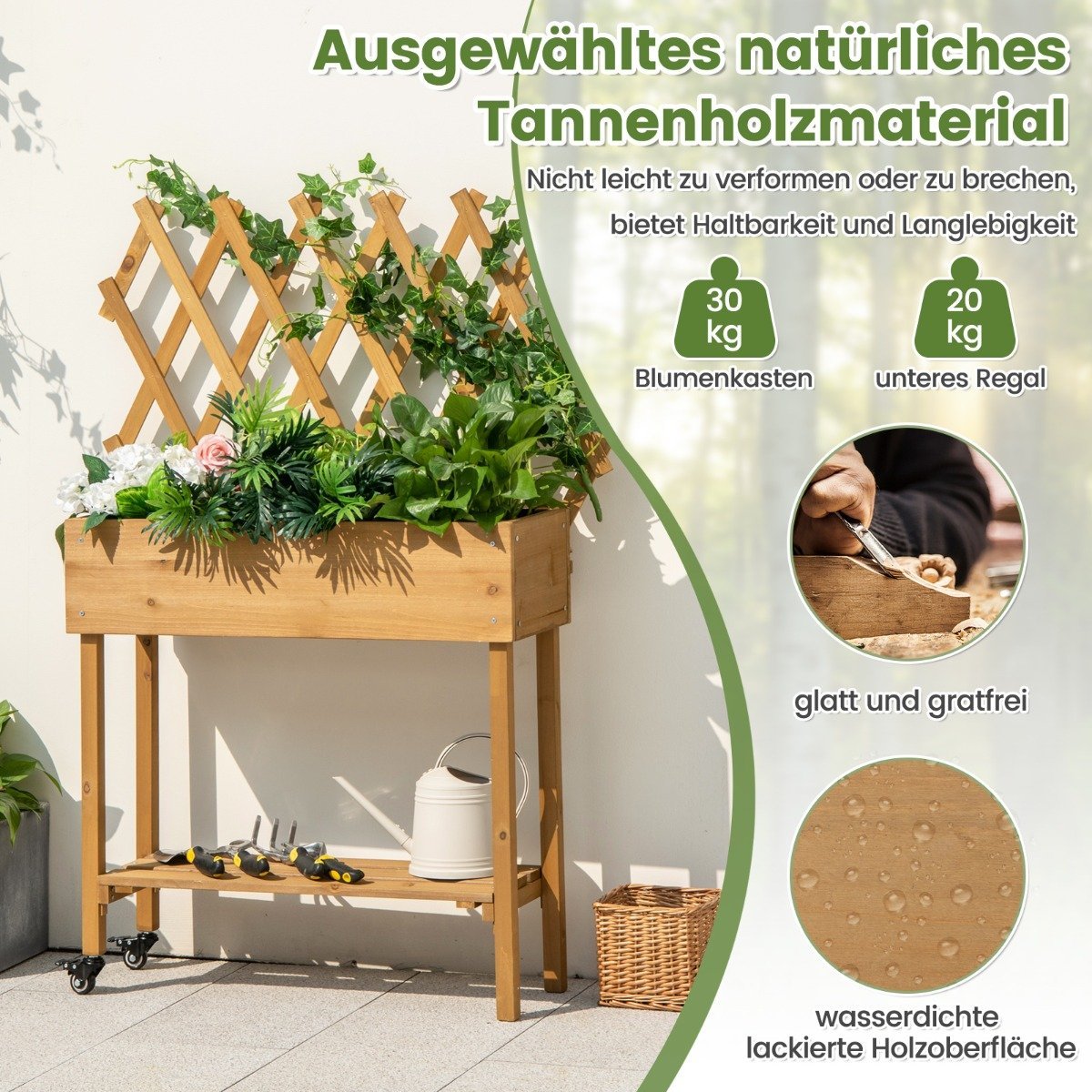 Raised bed on wheels with shelf & trellis & fabric lining flower bed 90 x 29 x 129 cm