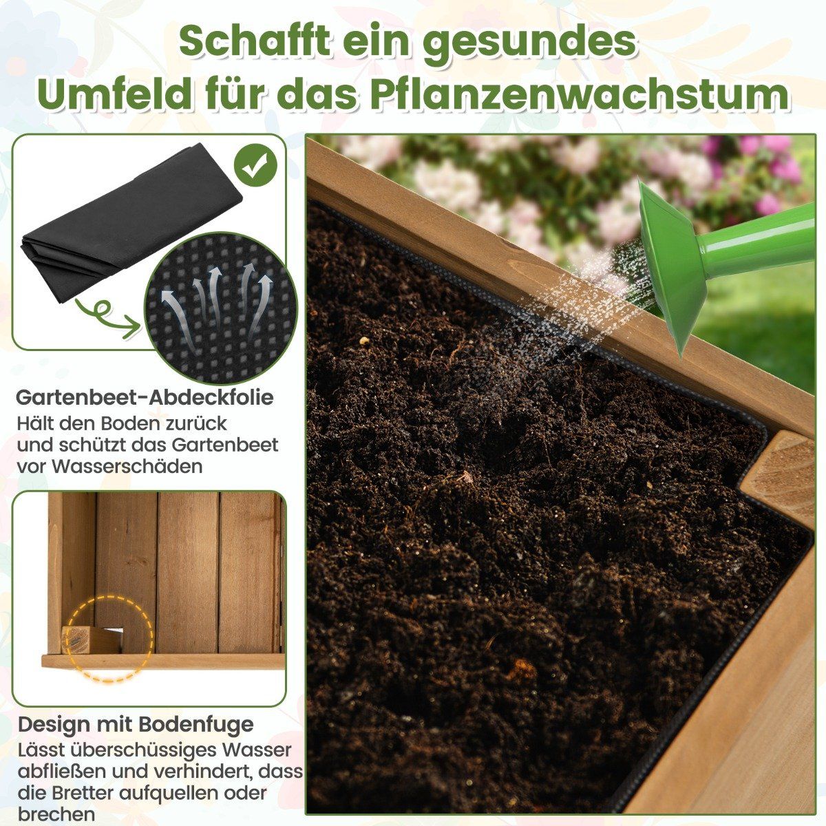 Raised bed on wheels with shelf & trellis & fabric lining flower bed 90 x 29 x 129 cm