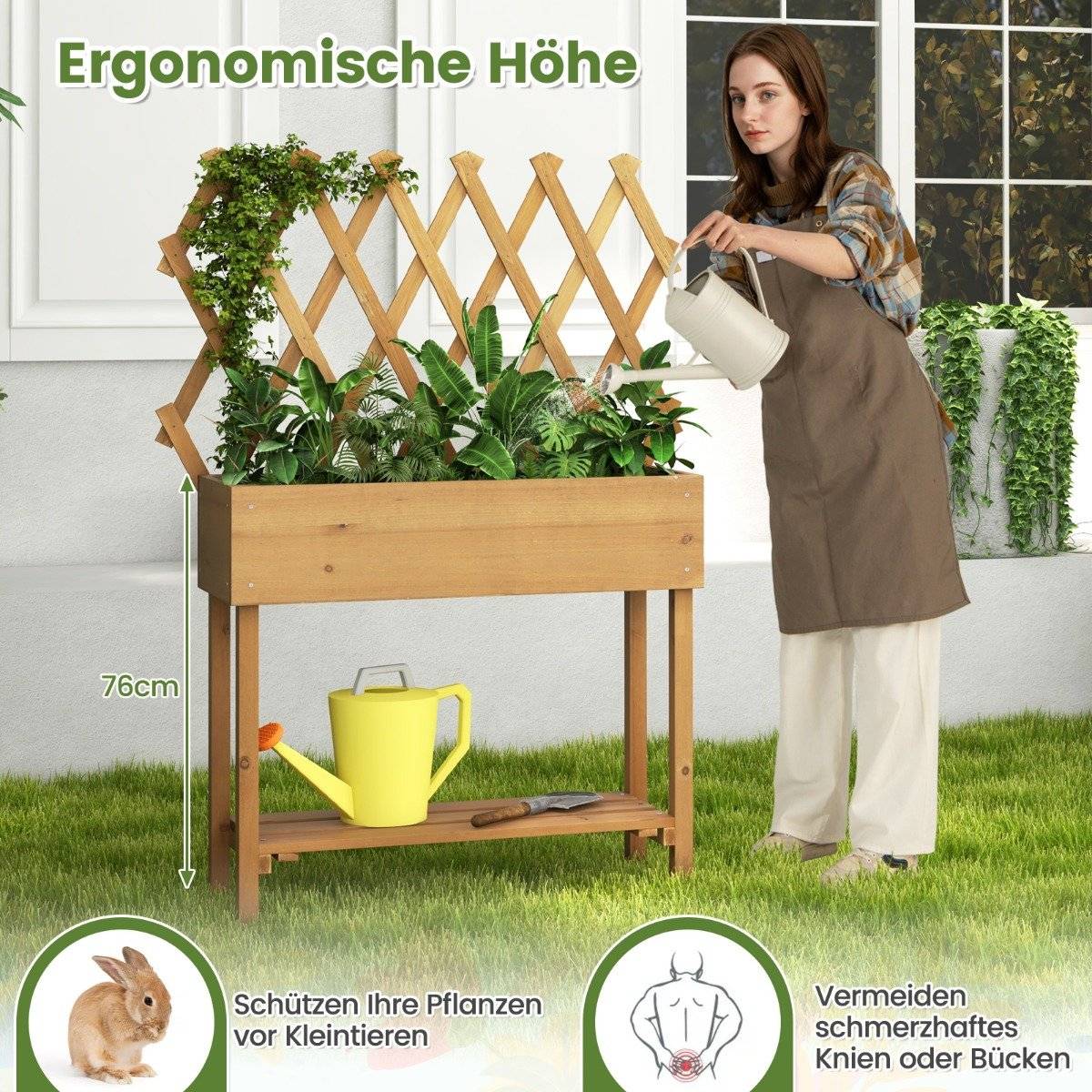 Raised bed on wheels with shelf & trellis & fabric lining flower bed 90 x 29 x 129 cm