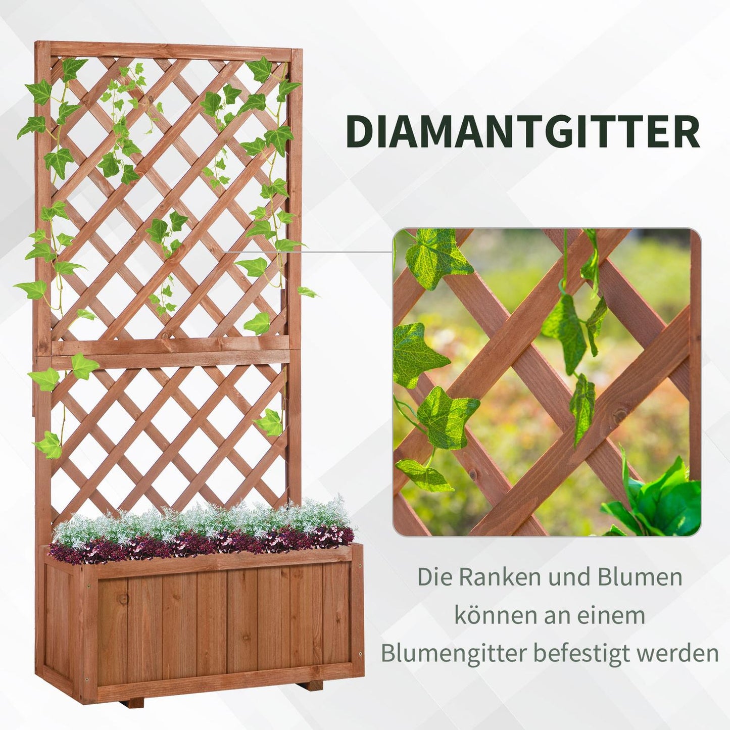 Raised wooden bed with trellis - 72.5x31.5x149.5 cm