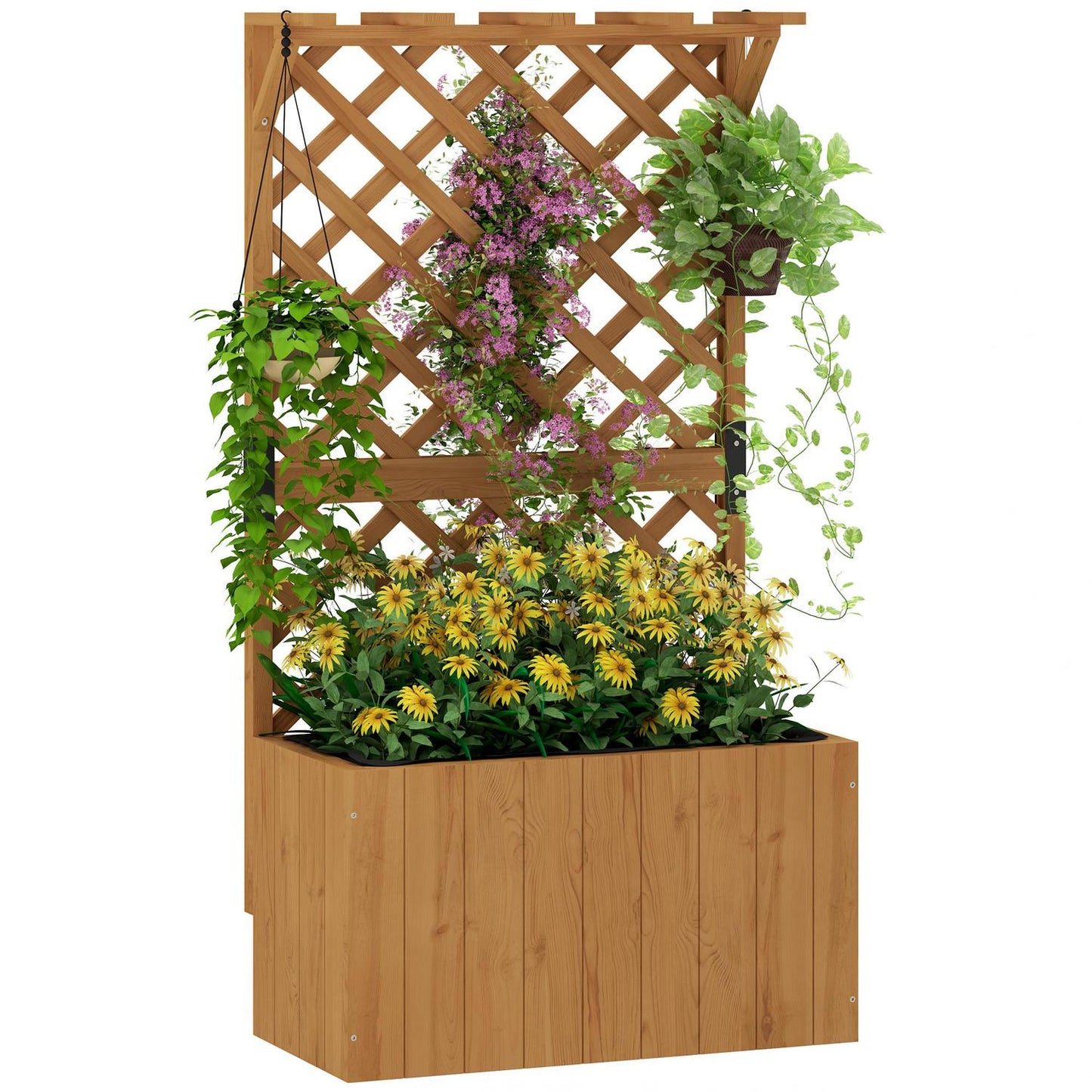 Raised wooden garden bed with trellis, 64 x 33 x 122 cm