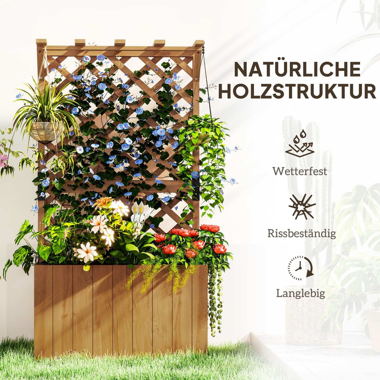 Raised wooden garden bed with trellis, 64 x 33 x 122 cm