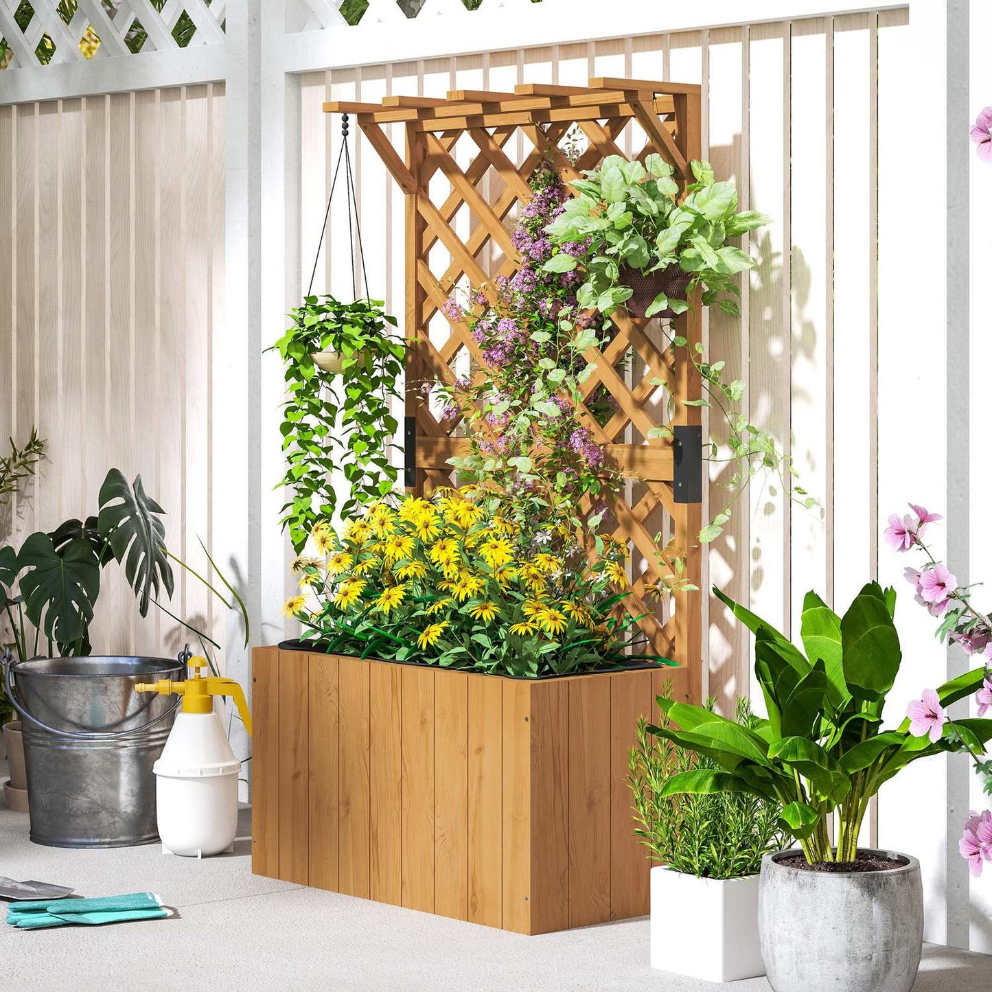 Raised wooden garden bed with trellis, 64 x 33 x 122 cm