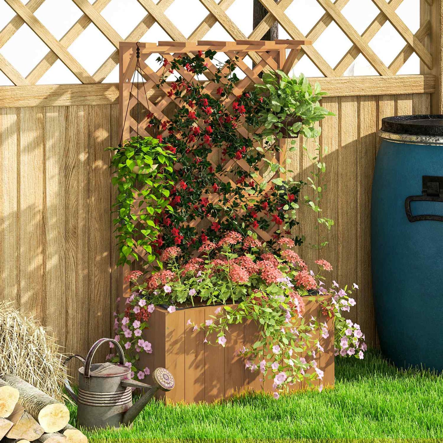 Raised wooden garden bed with trellis, 64 x 33 x 122 cm