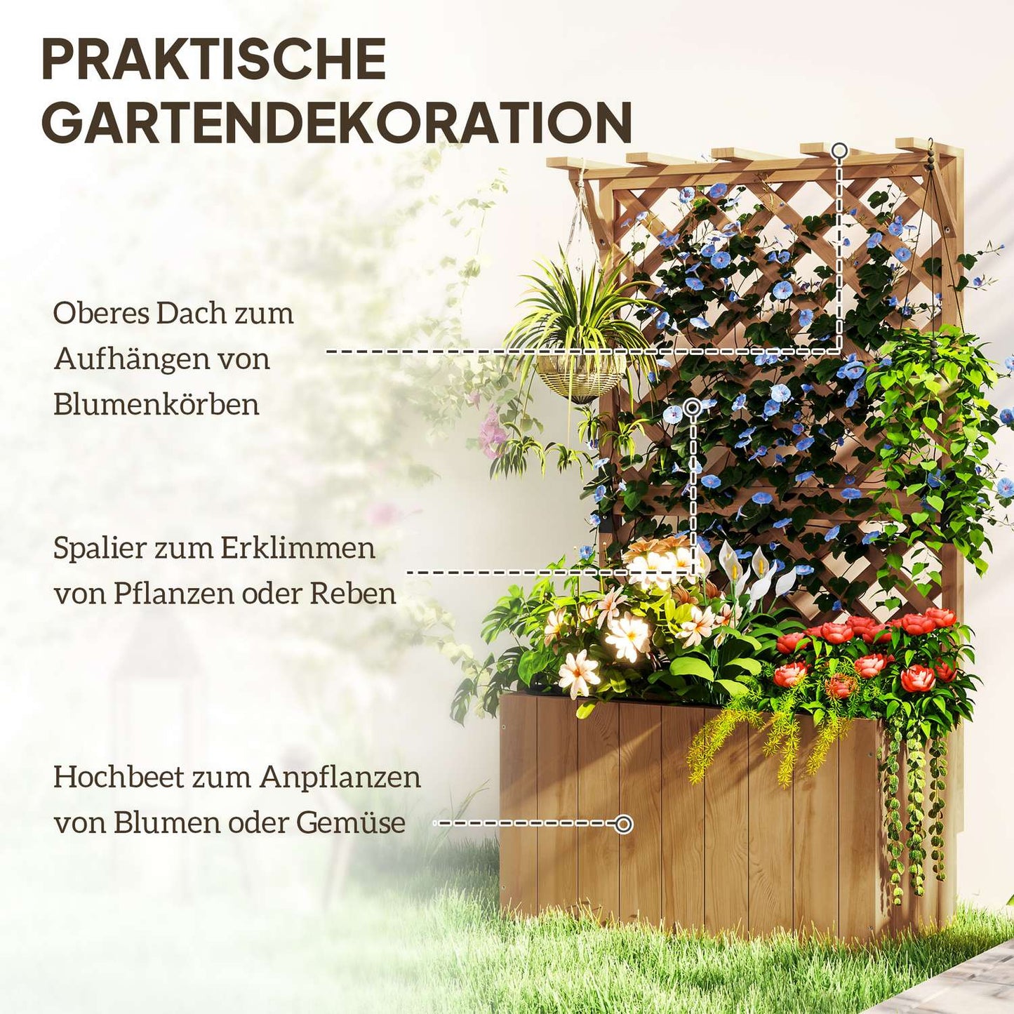 Raised wooden garden bed with trellis, 64 x 33 x 122 cm