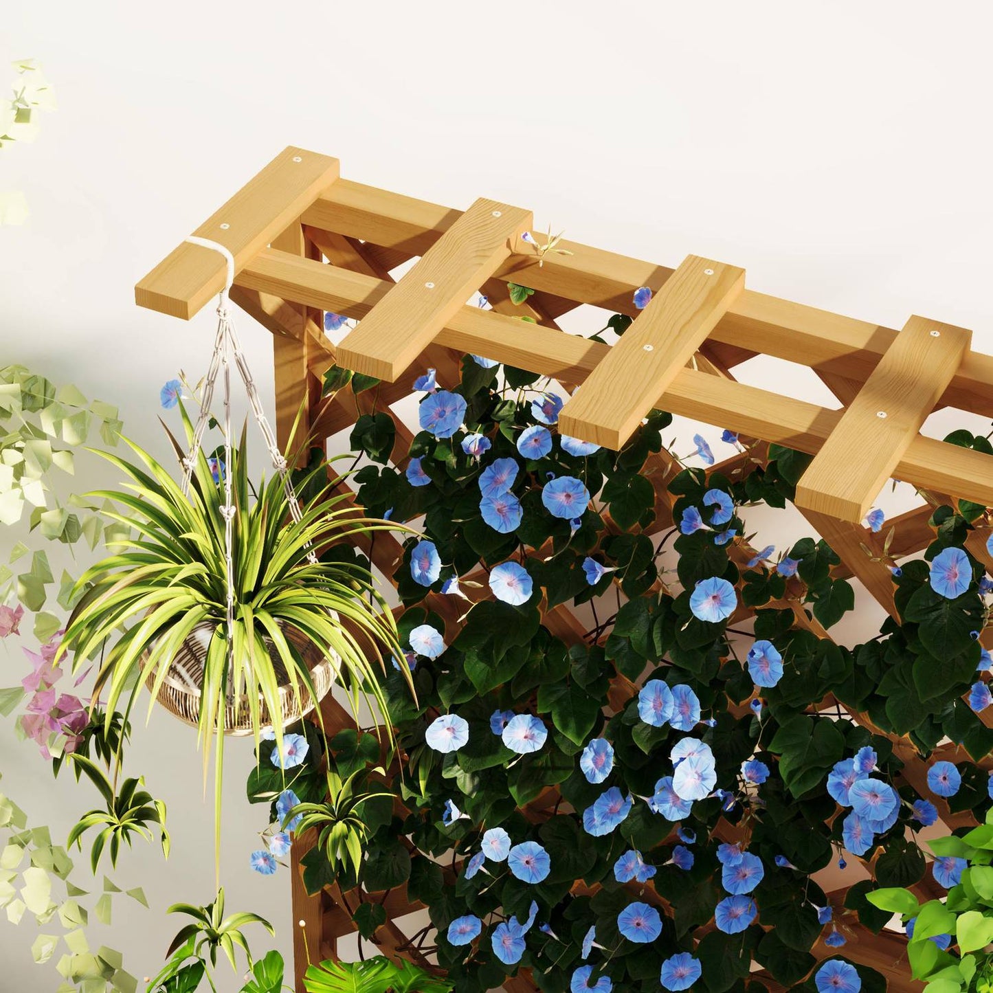 Raised wooden garden bed with trellis, 64 x 33 x 122 cm