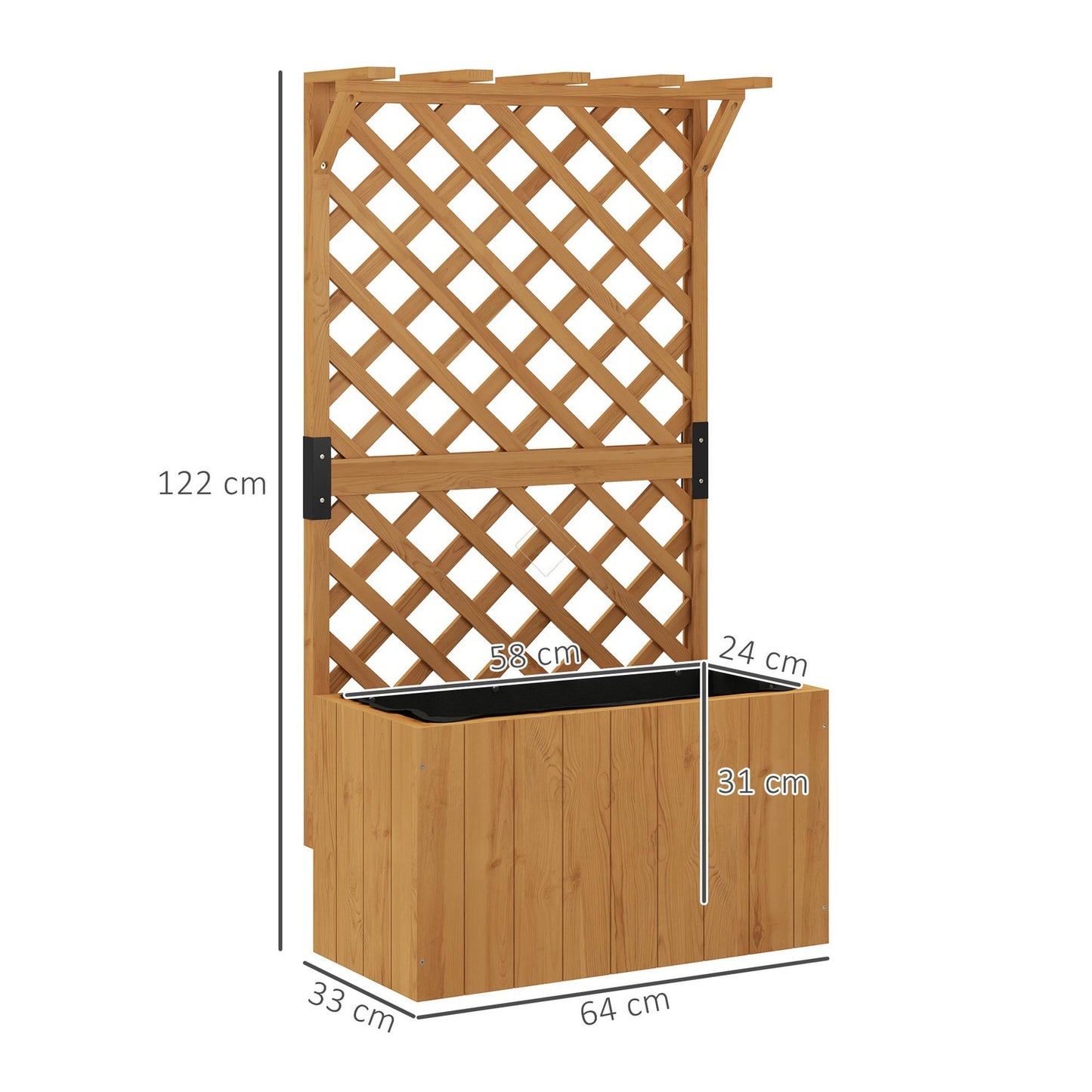 Raised wooden garden bed with trellis, 64 x 33 x 122 cm