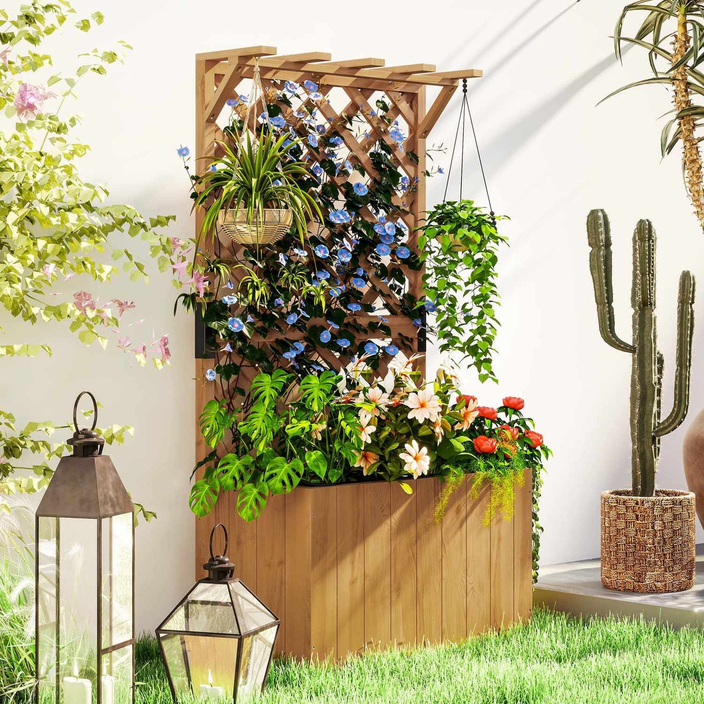 Raised wooden garden bed with trellis, 64 x 33 x 122 cm