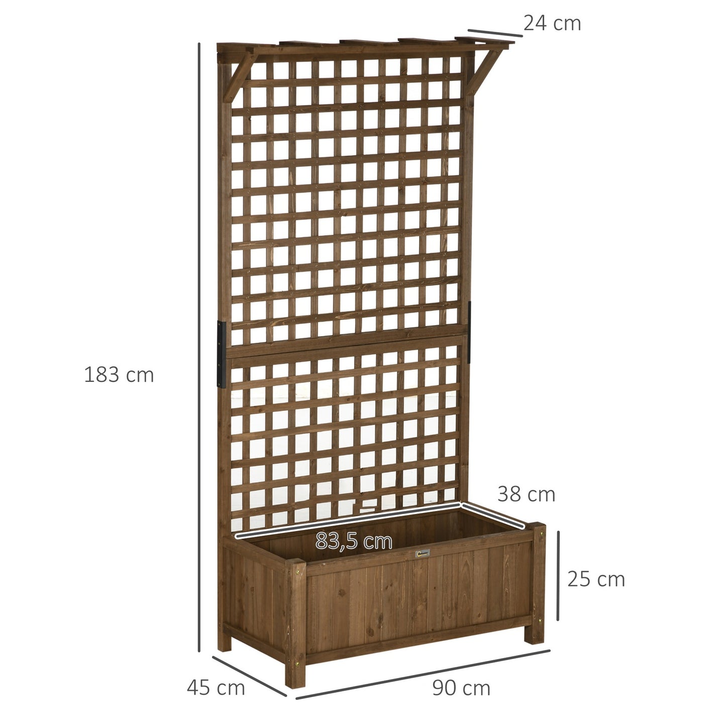 Raised wooden bed with trellis for climbing plants, 90x45x183 cm