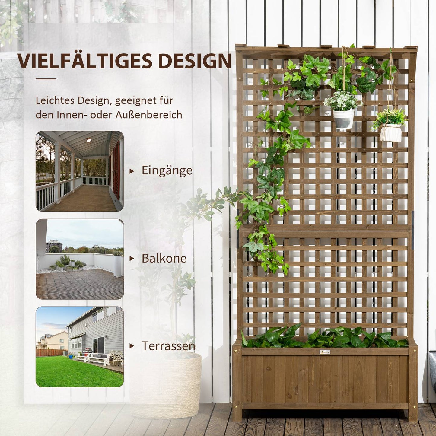 Raised wooden bed with trellis for climbing plants, 90x45x183 cm