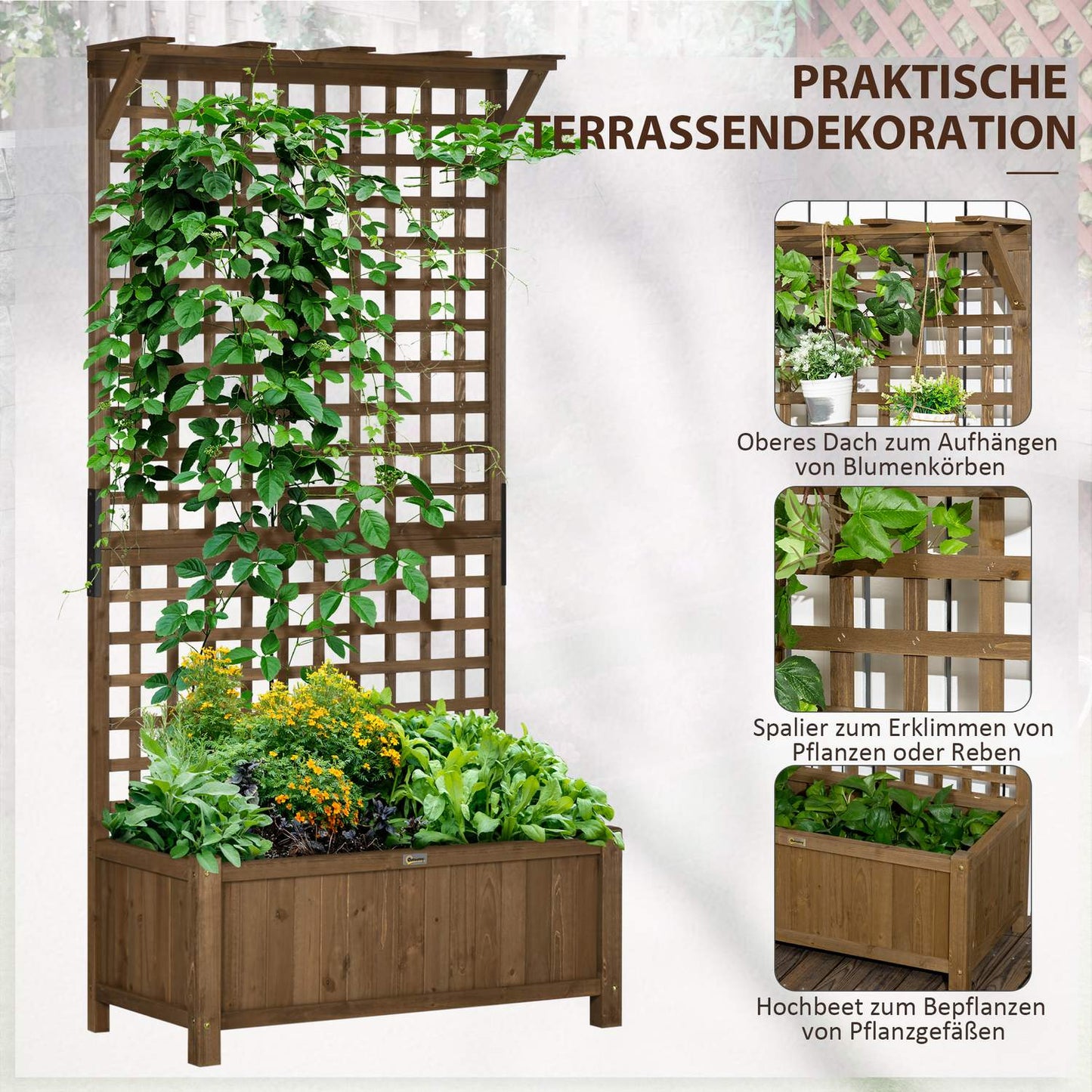 Raised wooden bed with trellis for climbing plants, 90x45x183 cm