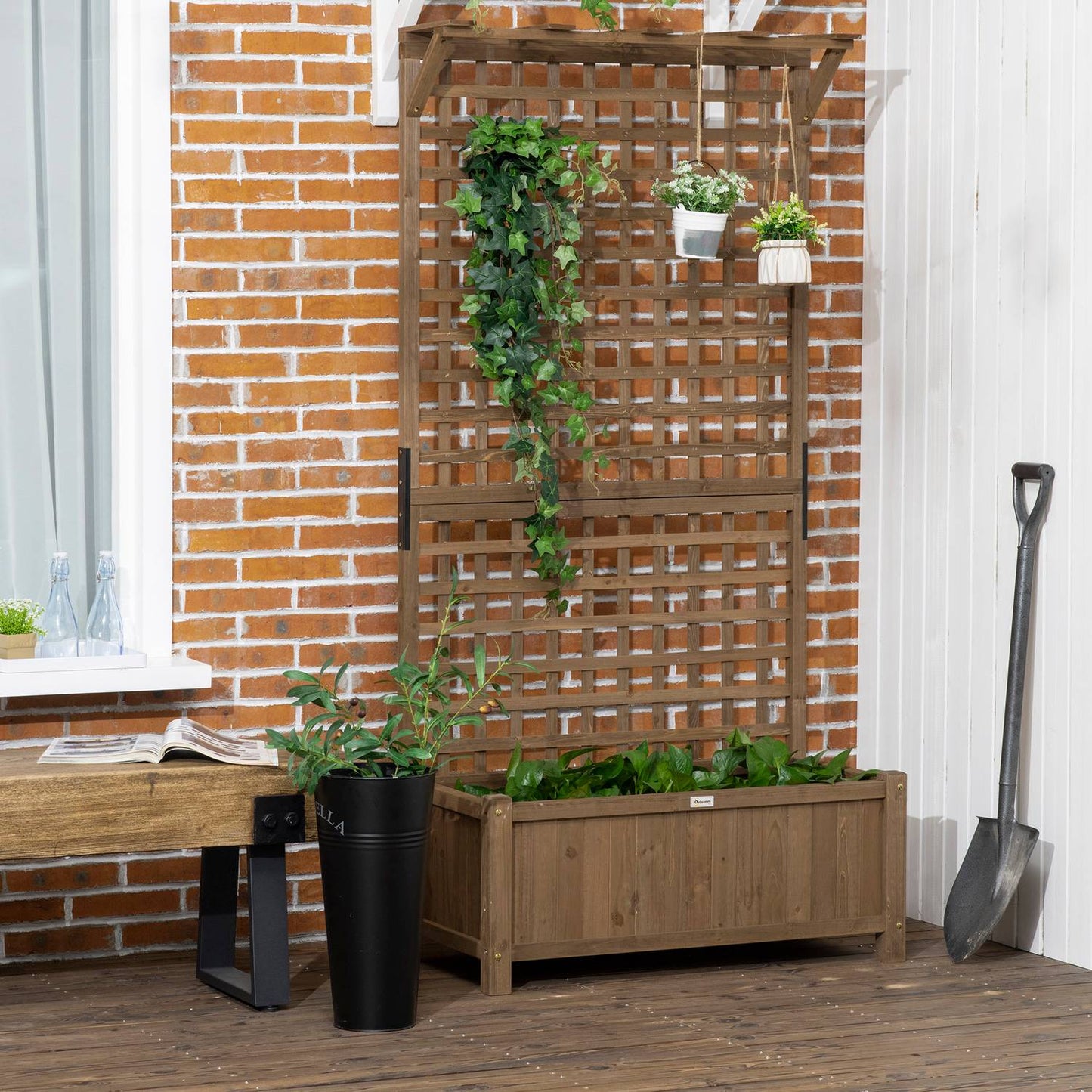 Raised wooden bed with trellis for climbing plants, 90x45x183 cm