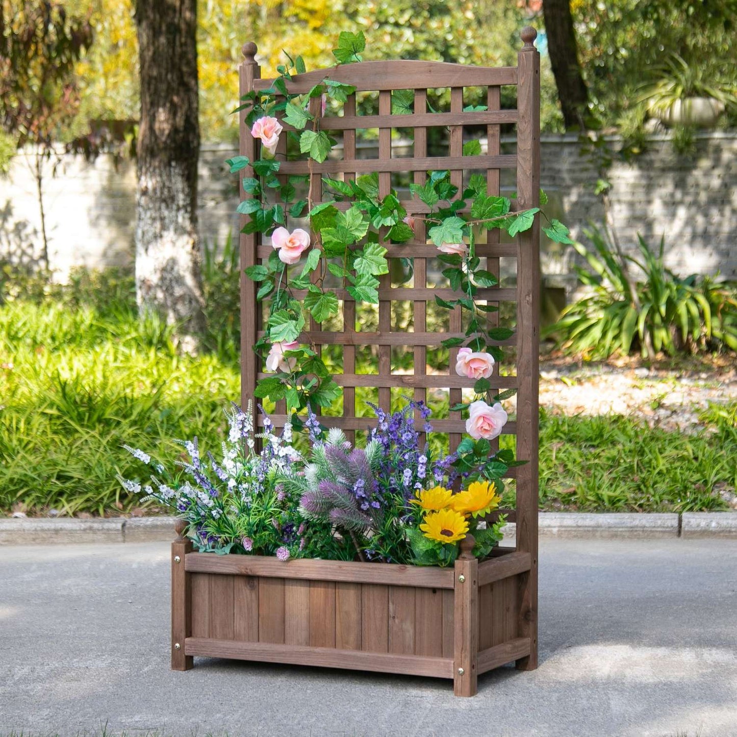 Wooden planter box with trellis, 64x28x120cm