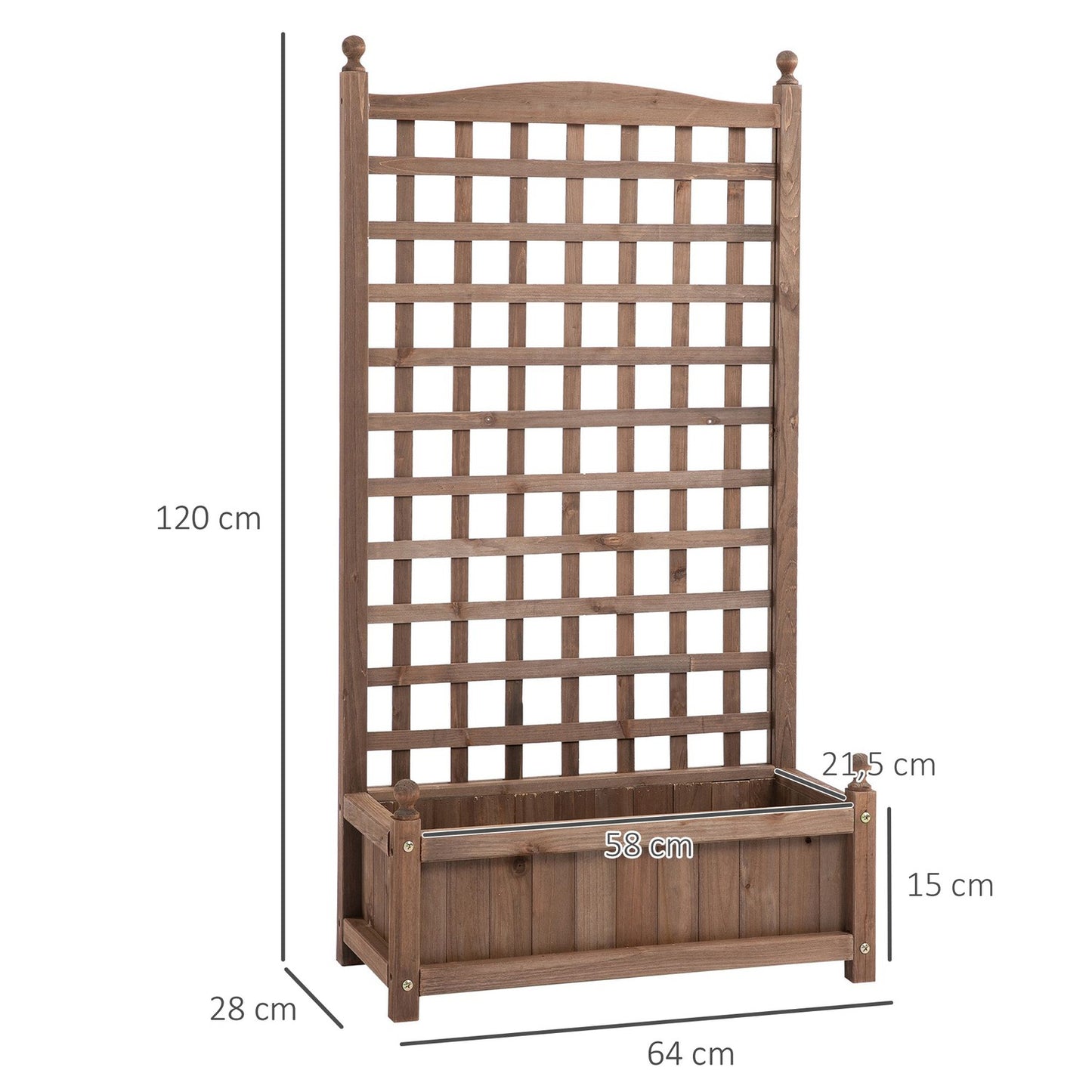 Wooden planter box with trellis, 64x28x120cm