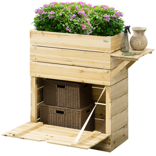 Raised wooden planter with table & storage, 105 x 39.5 cm