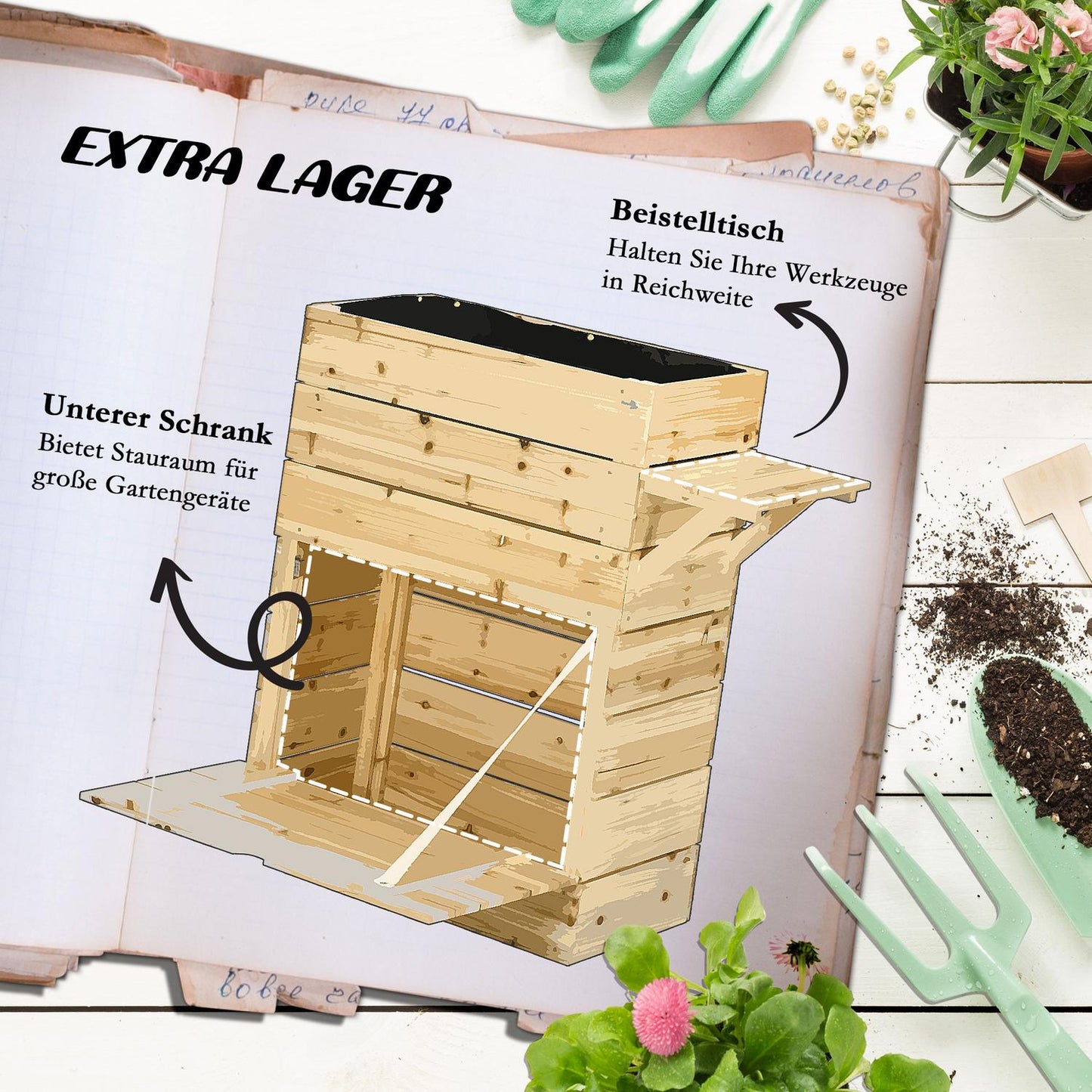 Raised wooden planter with table & storage, 105 x 39.5 cm